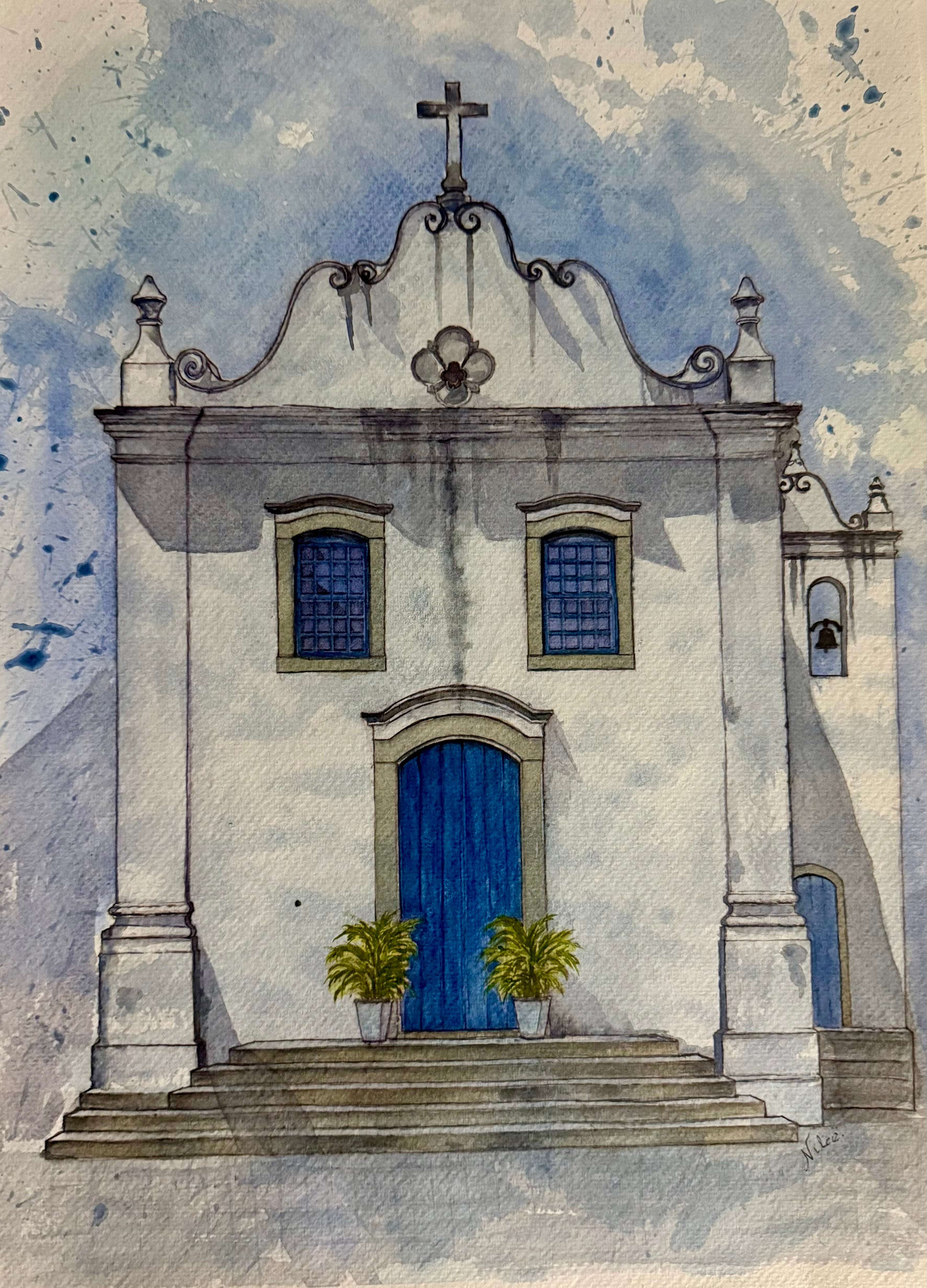 Igreja Bonsucesso Guaratuba - Pintura Original em Aquarela profissional, 30x42cm, sem moldura