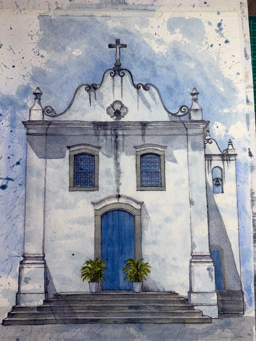 Igreja Bonsucesso Guaratuba - Pintura Original em Aquarela profissional, 30x42cm, sem moldura