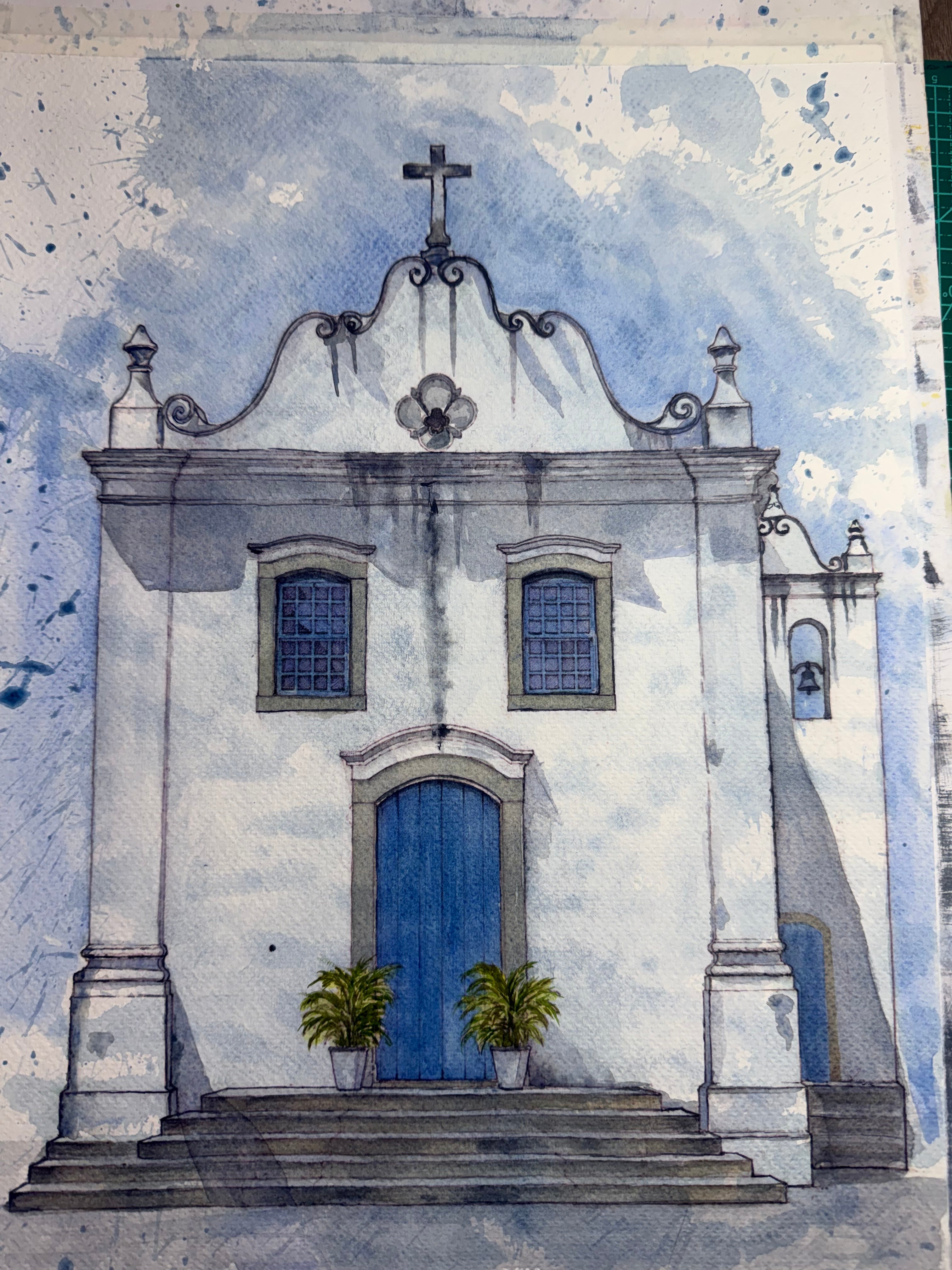 Igreja Bonsucesso Guaratuba - Pintura Original em Aquarela profissional, 30x42cm, sem moldura