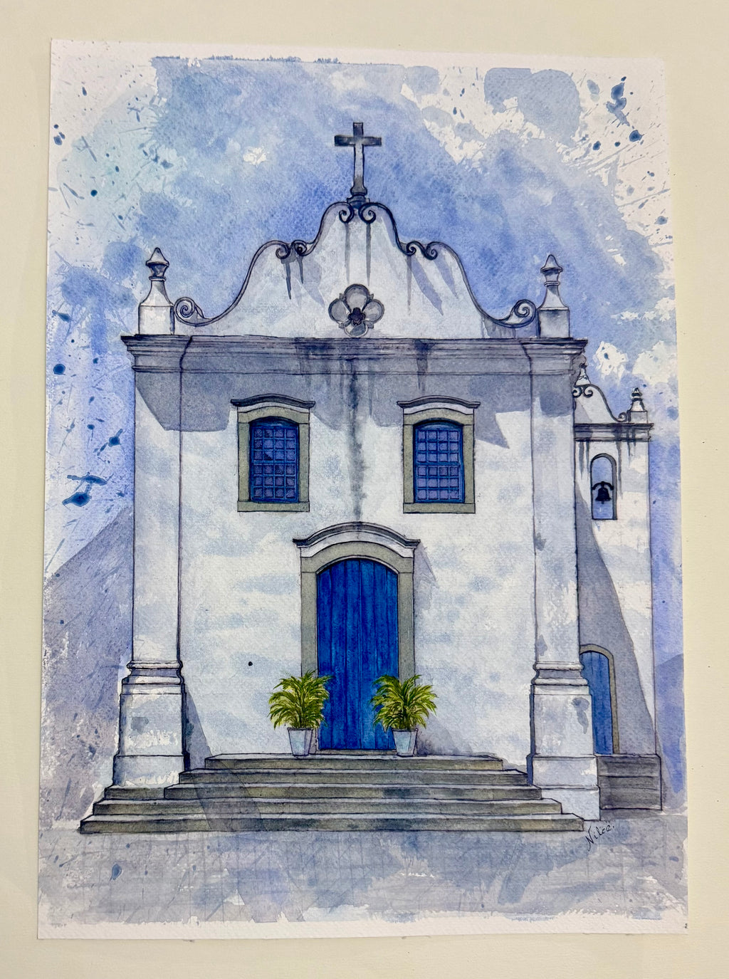 Igreja Bonsucesso Guaratuba - Pintura Original em Aquarela profissional, 30x42cm, sem moldura