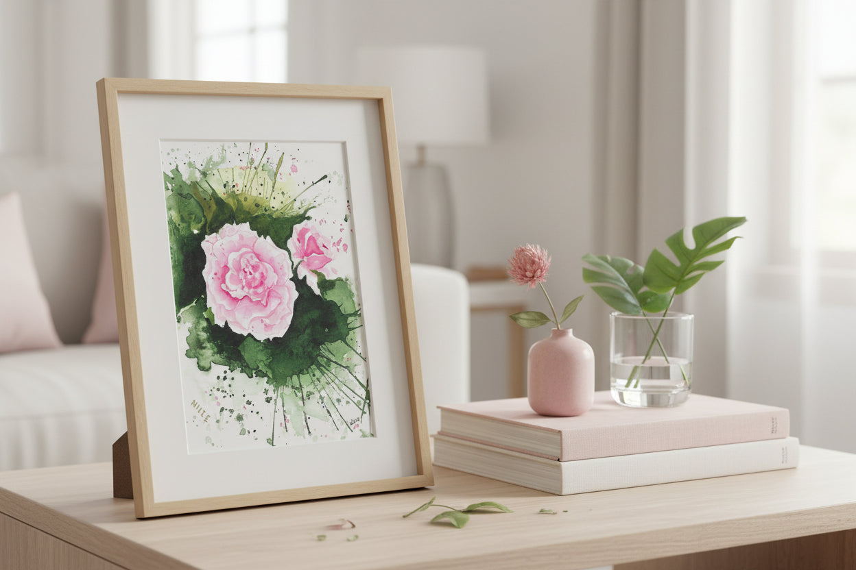 Cartão Especial de Felicitação - 15x21cm - em Aquarela Loose Original, pintado à mão, com envelope, rosas pink,