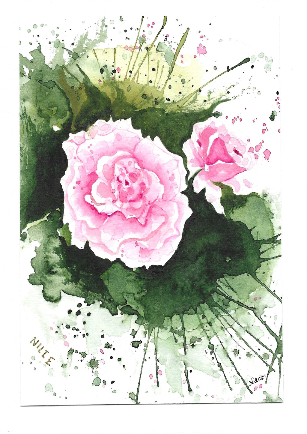 Cartão Especial de Felicitação - 15x21cm - em Aquarela Loose Original, pintado à mão, com envelope, rosas pink,