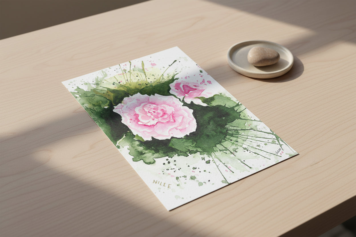 Cartão Especial de Felicitação - 15x21cm - em Aquarela Loose Original, pintado à mão, com envelope, rosas pink,