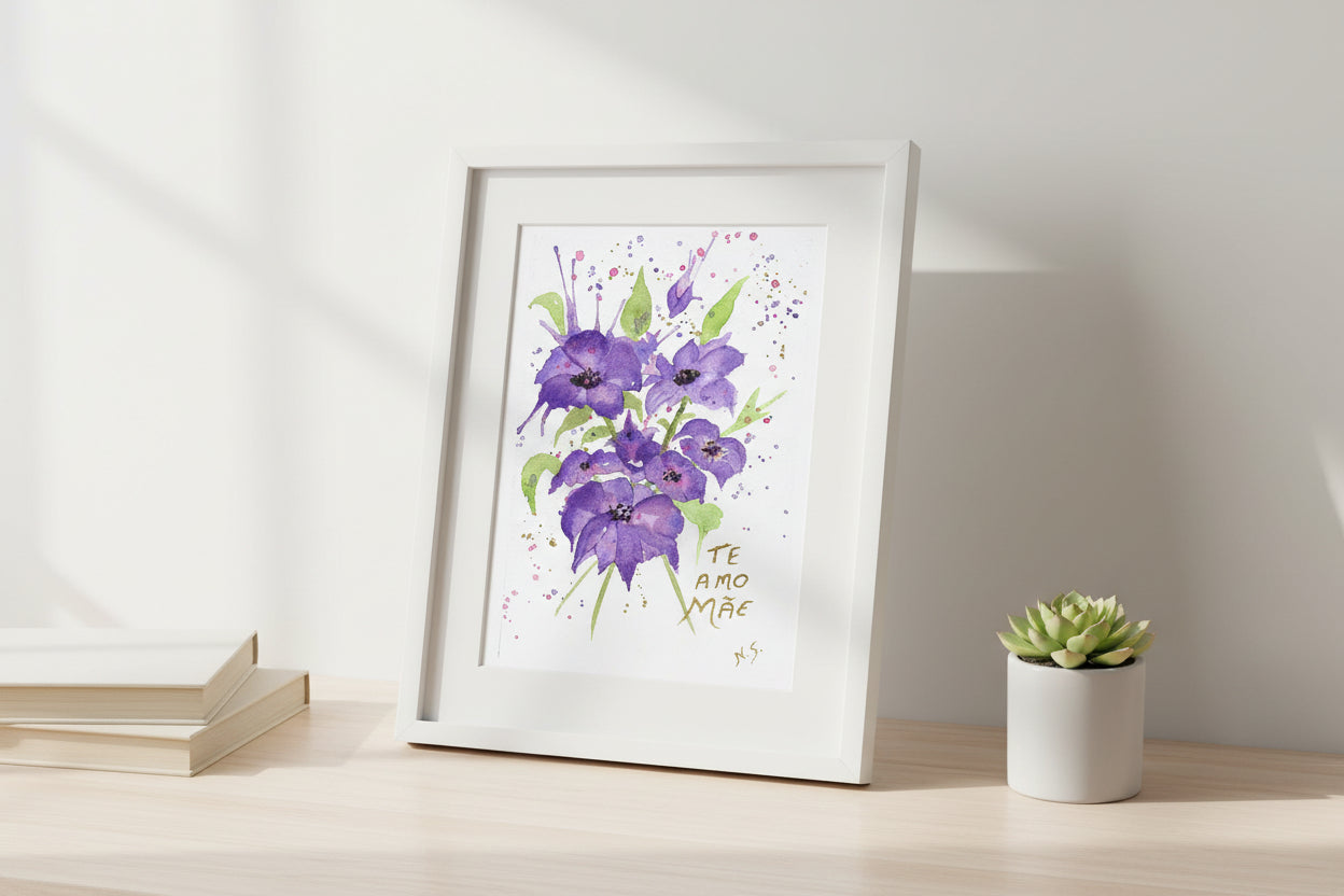 Cartão Especial Dia das Mães 15x21cm - em Aquarela Original, pintado à mão, com envelope, te amo Mãe