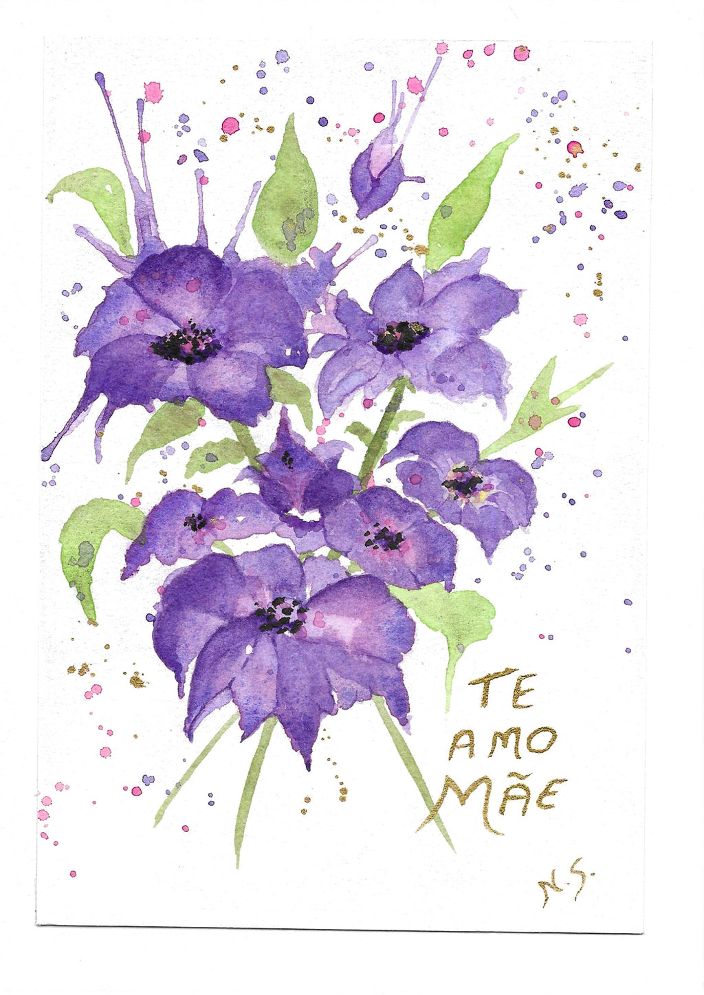 Cartão Especial Dia das Mães 15x21cm - em Aquarela Original, pintado à mão, com envelope, te amo Mãe