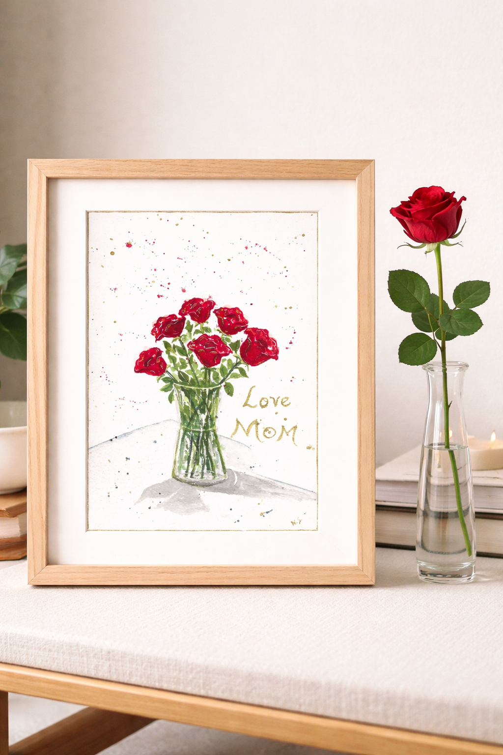 Cartão Especial Dia das Mães 15x21cm - em Aquarela Original, pintado à mão, com envelope Love Mom