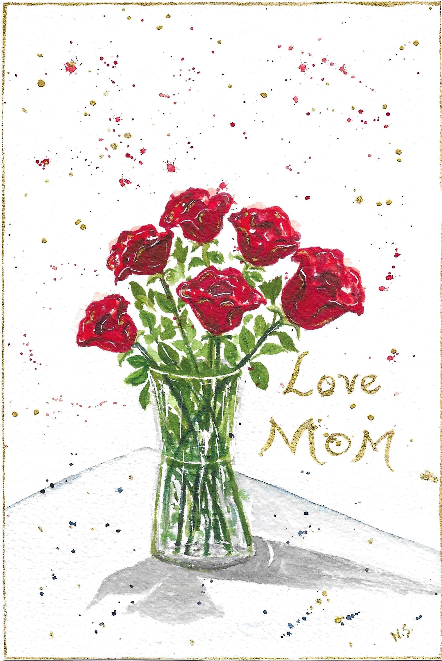Cartão Especial Dia das Mães 15x21cm - em Aquarela Original, pintado à mão, com envelope Love Mom