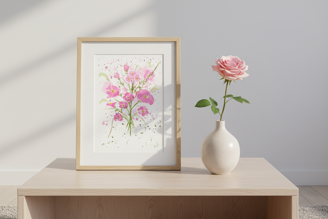 Cartão Especial Dia das Mães 15x21cm - em Aquarela Original, pintado à mão, com envelope Floral Pink