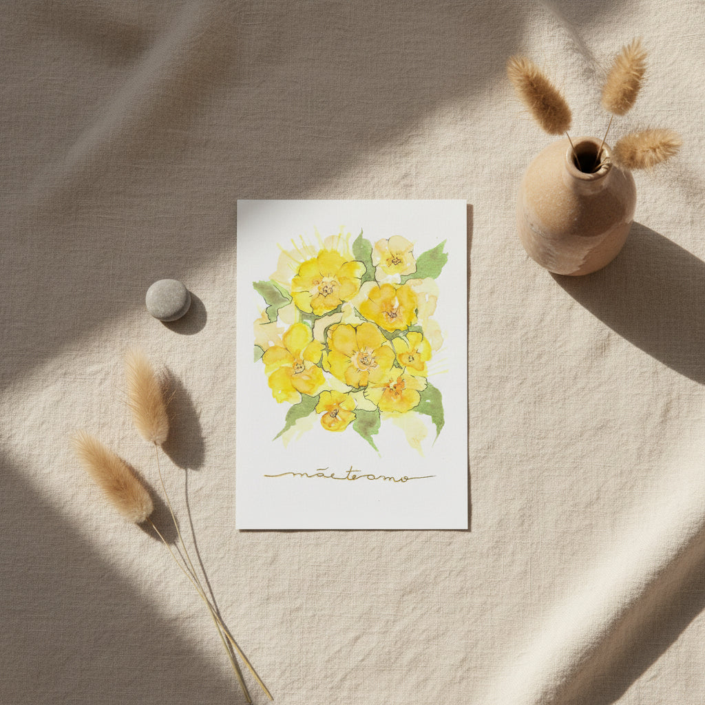 Cartão Especial Dia das Mães 15x21cm - em Aquarela Original, pintado à mão, com envelope Floral Amarelo