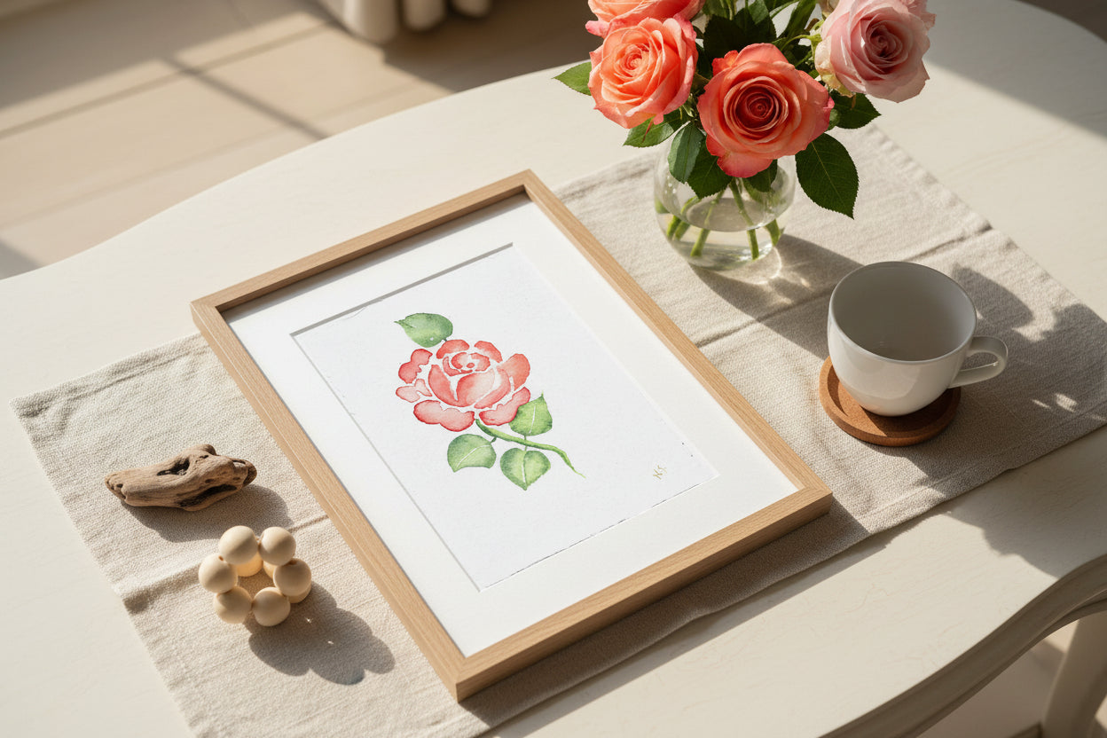 Cartão Especial de Felicitação - 15x21cm - em Aquarela Original, pintado à mão, com envelope, rosa vermelha, minimalista
