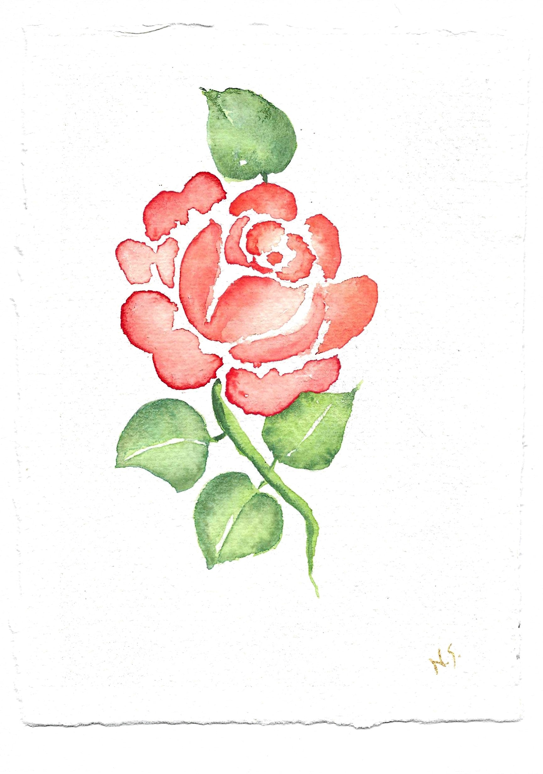 Cartão Especial de Felicitação - 15x21cm - em Aquarela Original, pintado à mão, com envelope, rosa vermelha, minimalista