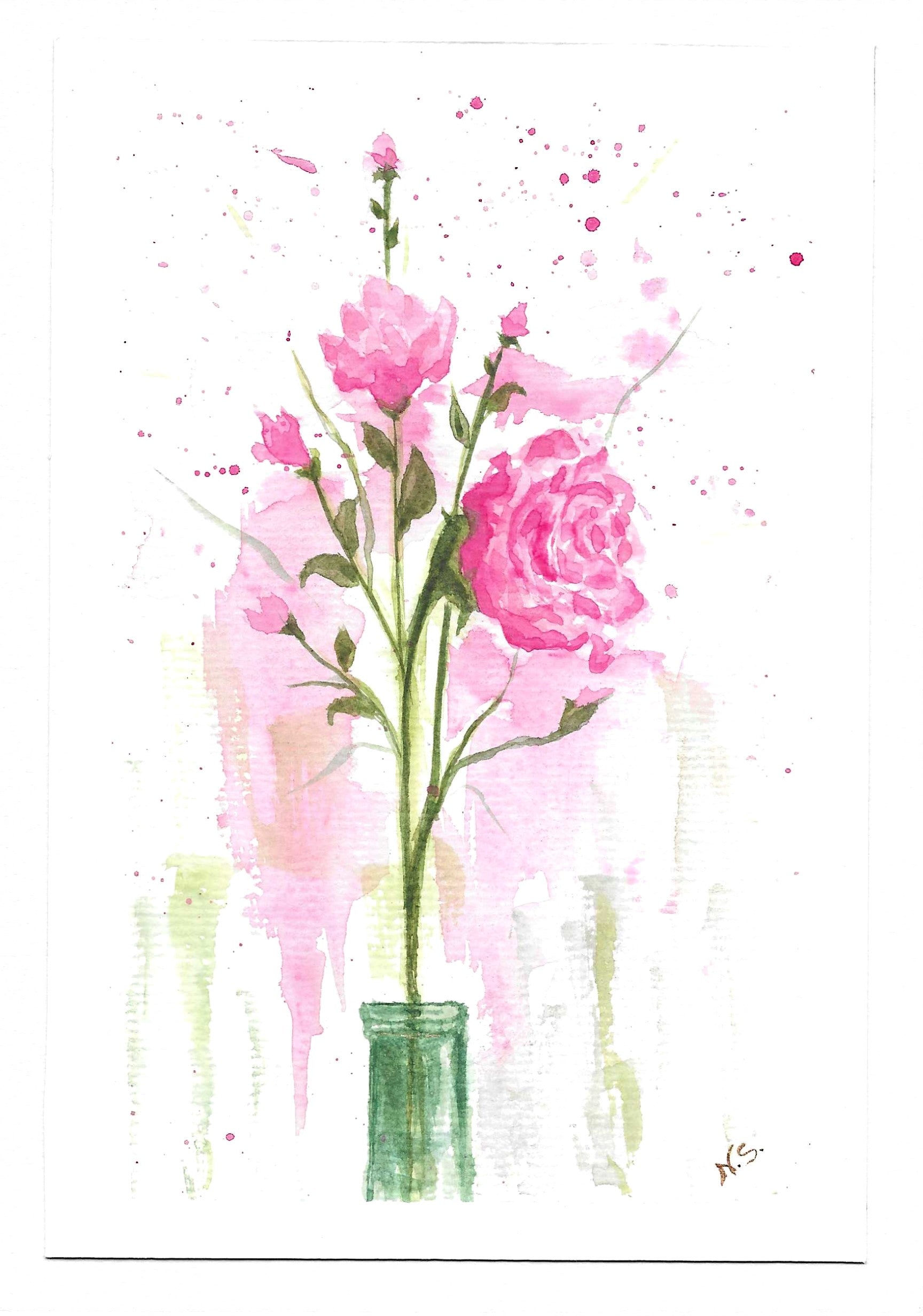 Cartão Especial de Felicitação - 15x21cm - em Aquarela Loose Original, pintado à mão, com envelope, rosas