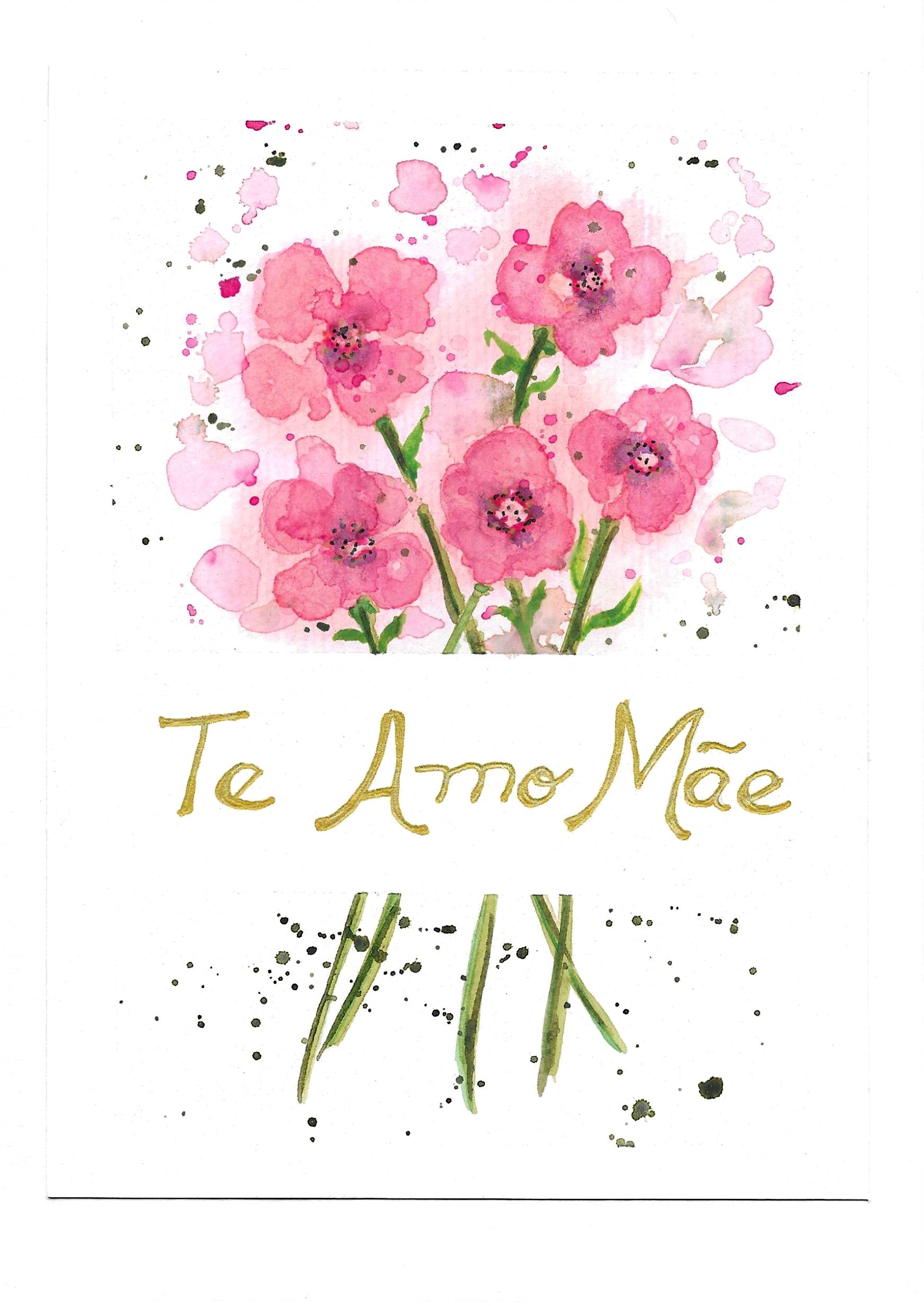 Cartão Especial Dia das Mães 15x21cm - em Aquarela Original, pintado à mão, com envelope, Te amo Mãe