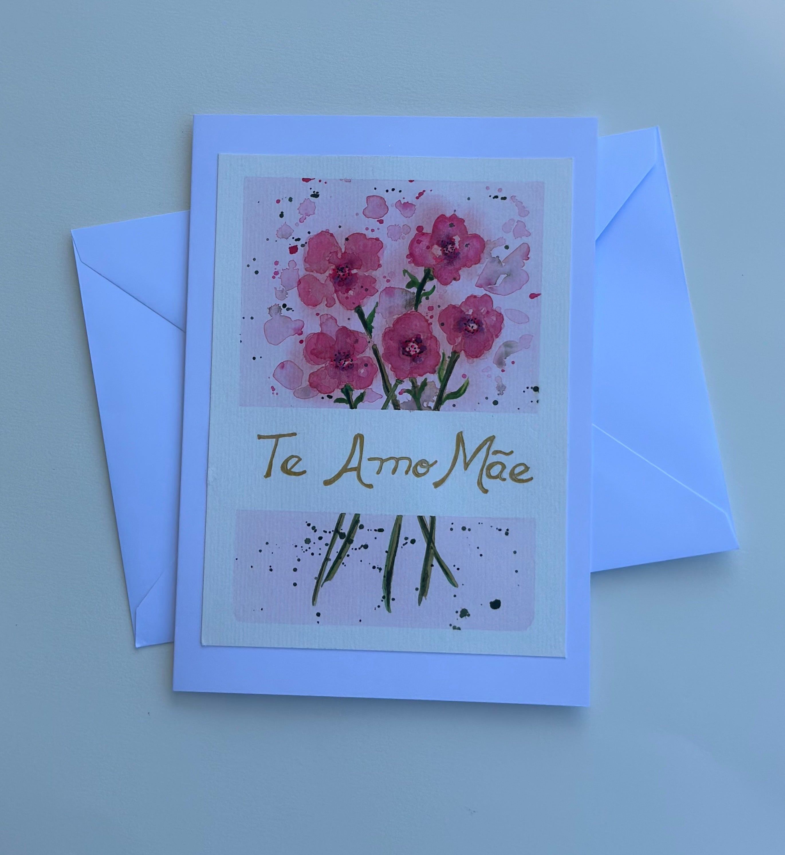 Cartão Especial Dia das Mães 15x21cm - em Aquarela Original, pintado à mão, com envelope, Te amo Mãe
