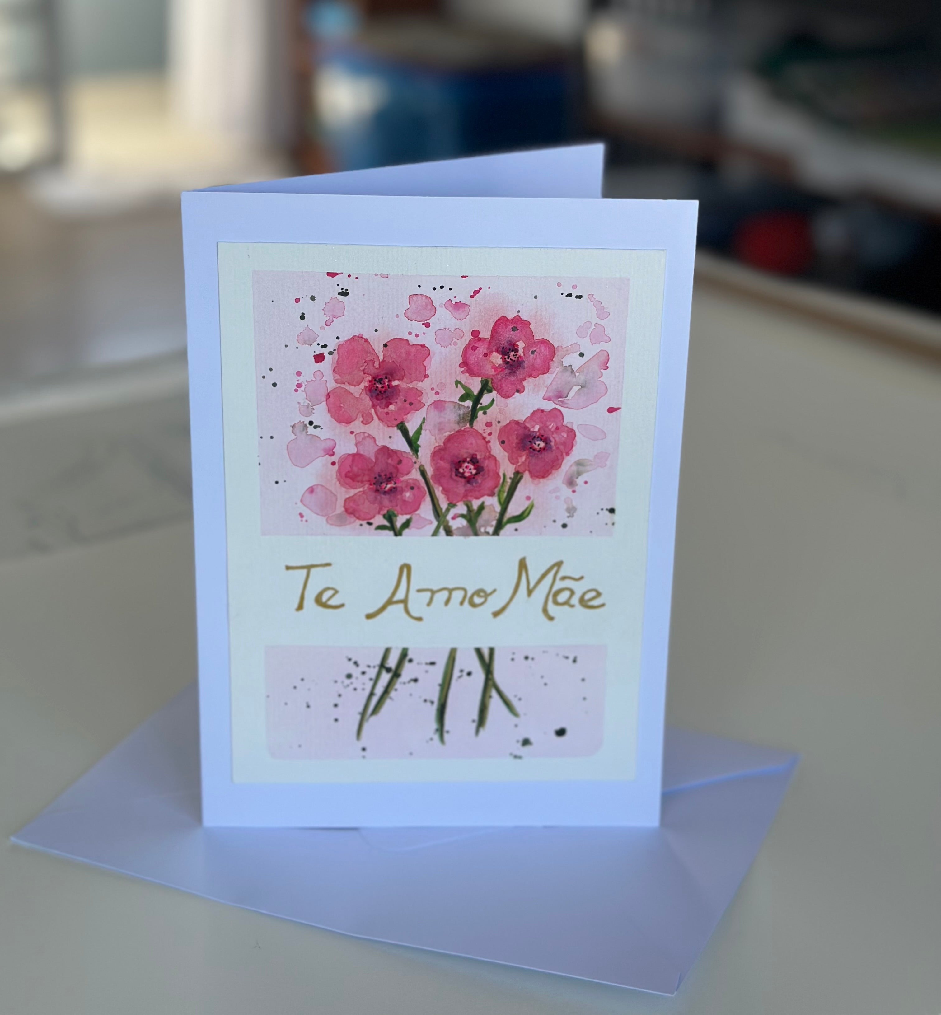 Cartão Especial Dia das Mães 15x21cm - em Aquarela Original, pintado à mão, com envelope, Te amo Mãe