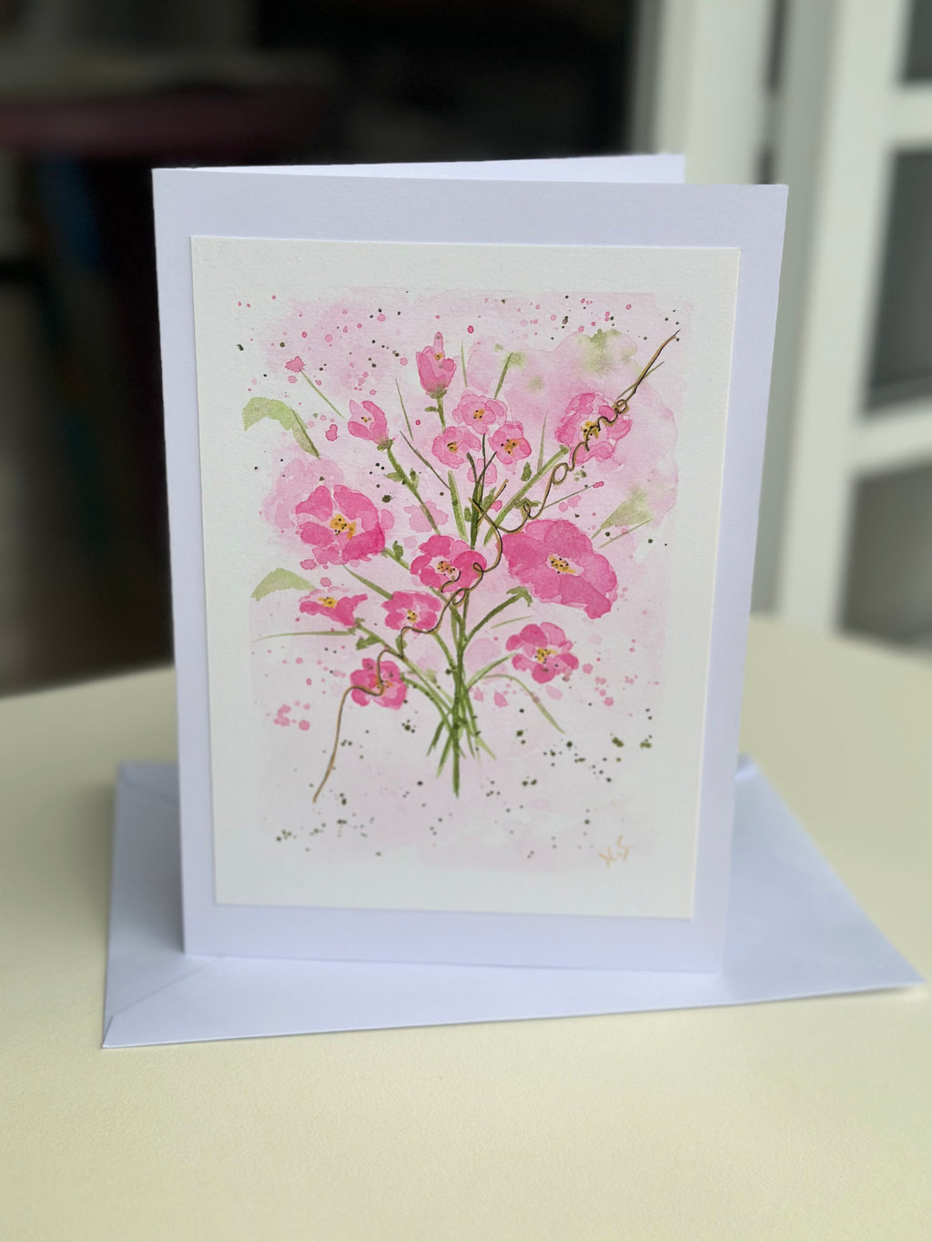 Cartão Especial Dia das Mães 15x21cm - em Aquarela Original, pintado à mão, com envelope Floral Pink