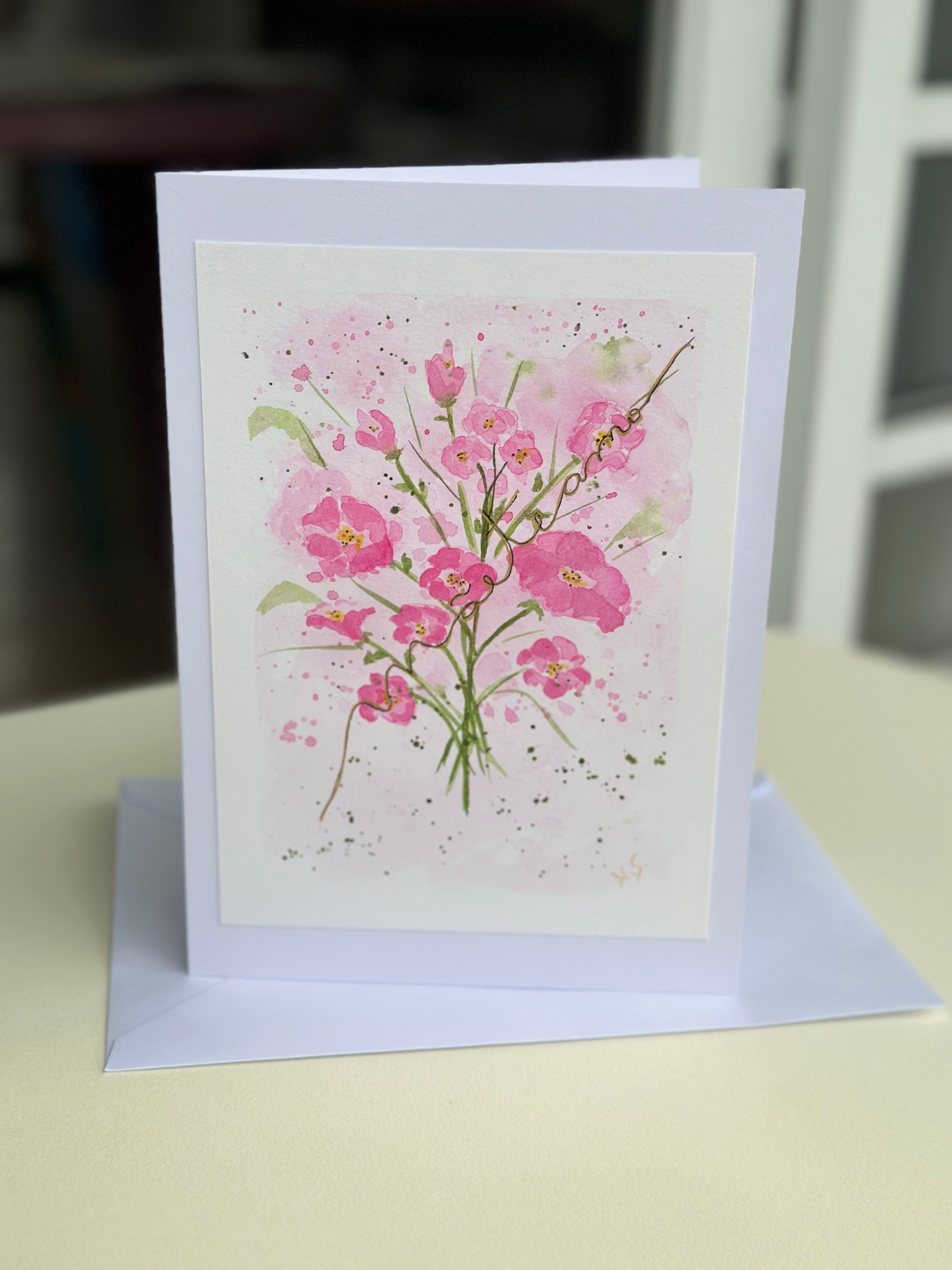 Cartão Especial Dia das Mães 15x21cm - em Aquarela Original, pintado à mão, com envelope Floral Pink