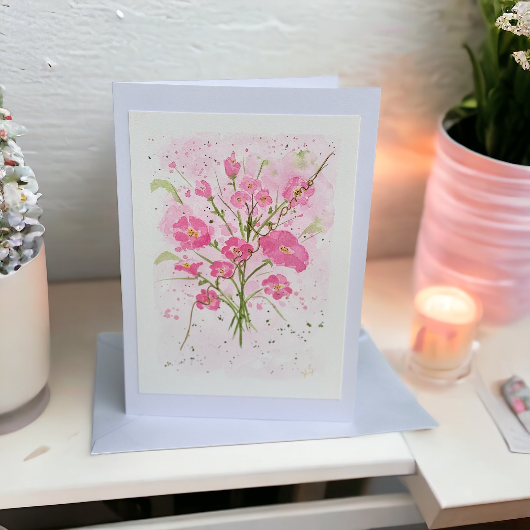Cartão Especial Dia das Mães 15x21cm - em Aquarela Original, pintado à mão, com envelope Floral Pink