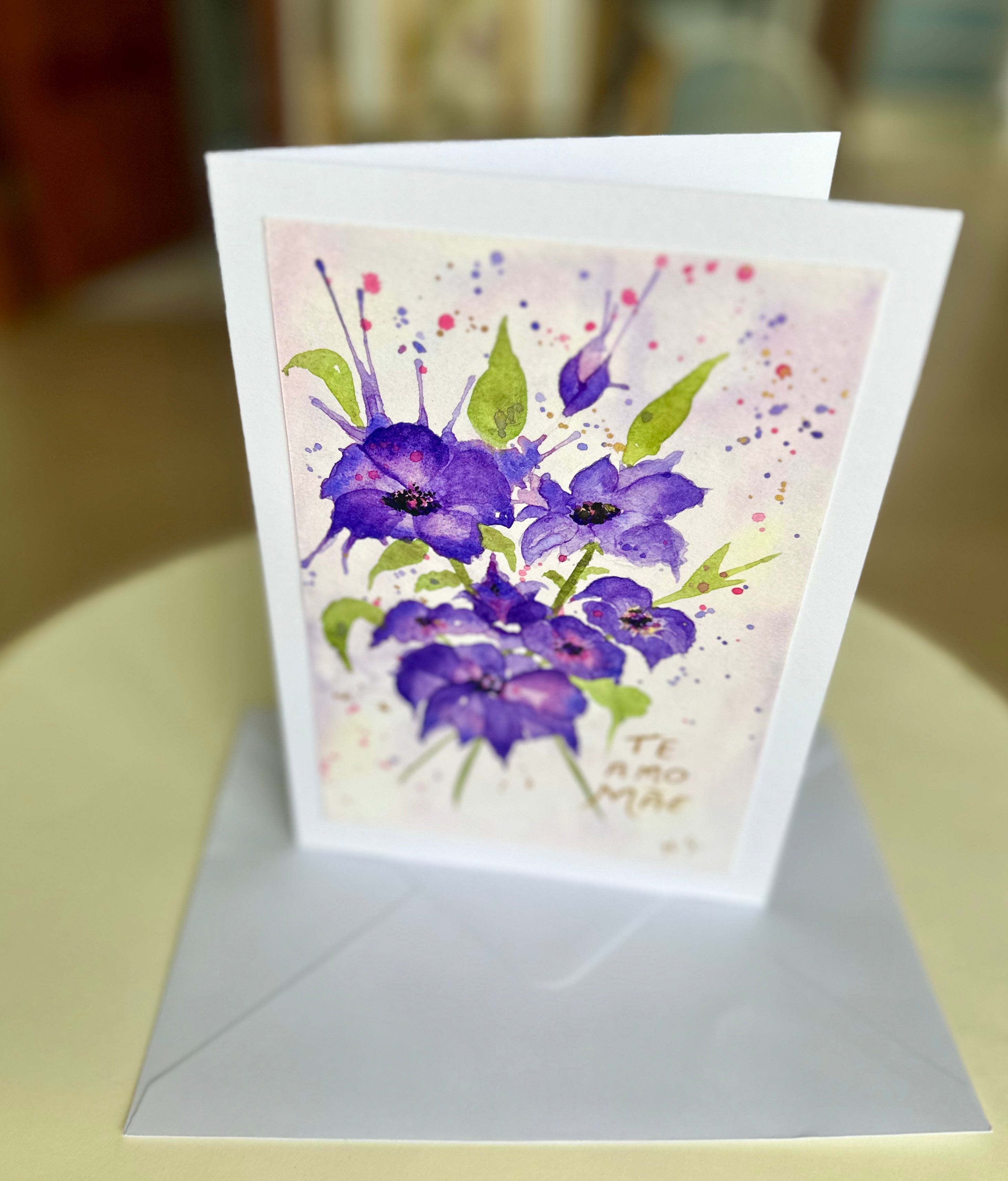Cartão Especial Dia das Mães 15x21cm - em Aquarela Original, pintado à mão, com envelope, te amo Mãe