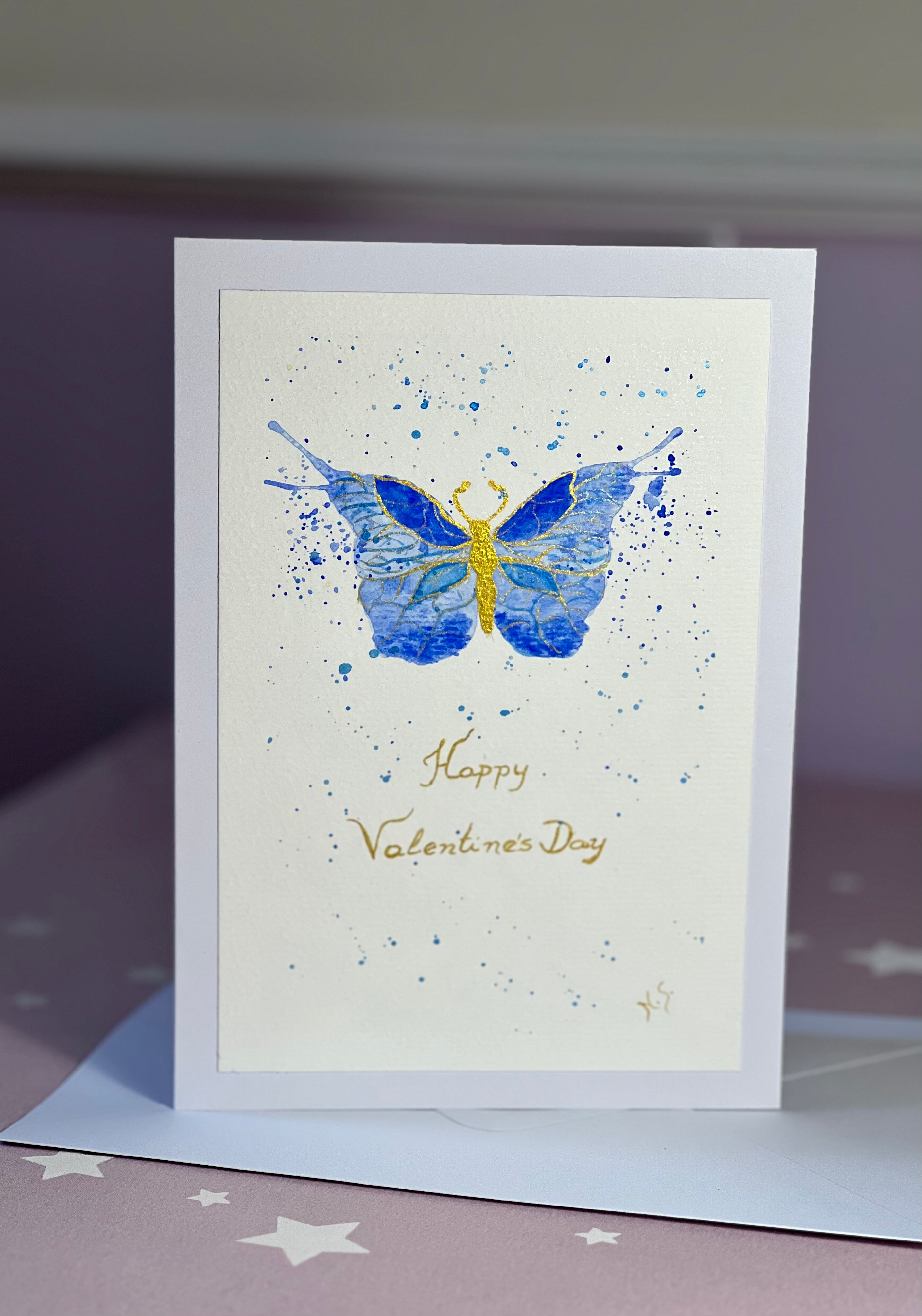 Cartão Dia Dos Namorados Borboleta Azul em Aquarela Original - pintado à mão 15x21cm