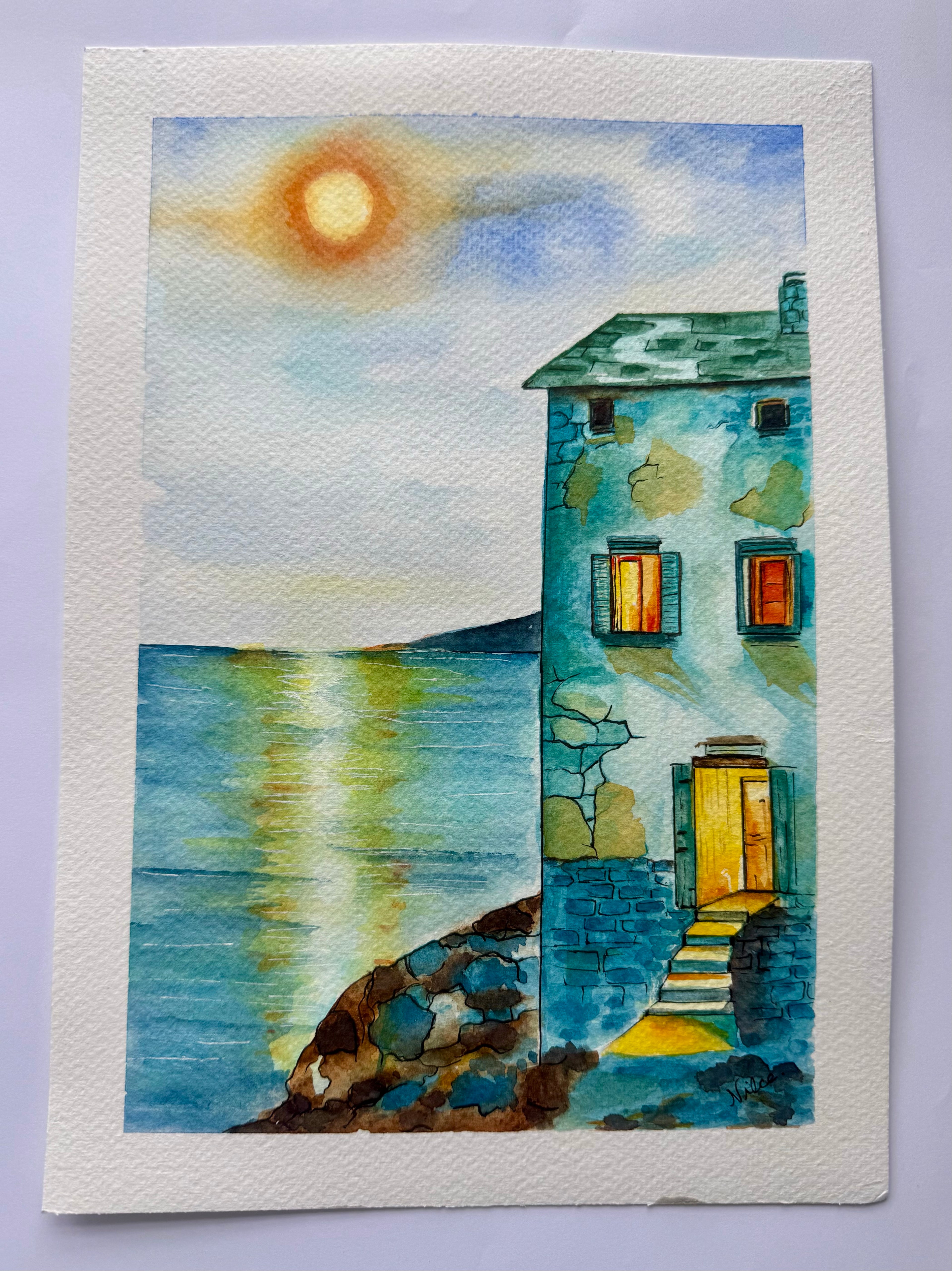 Casa na praia - Pintura Original em Aquarela sobre papel de algodão, 21x30cm, sem moldura
