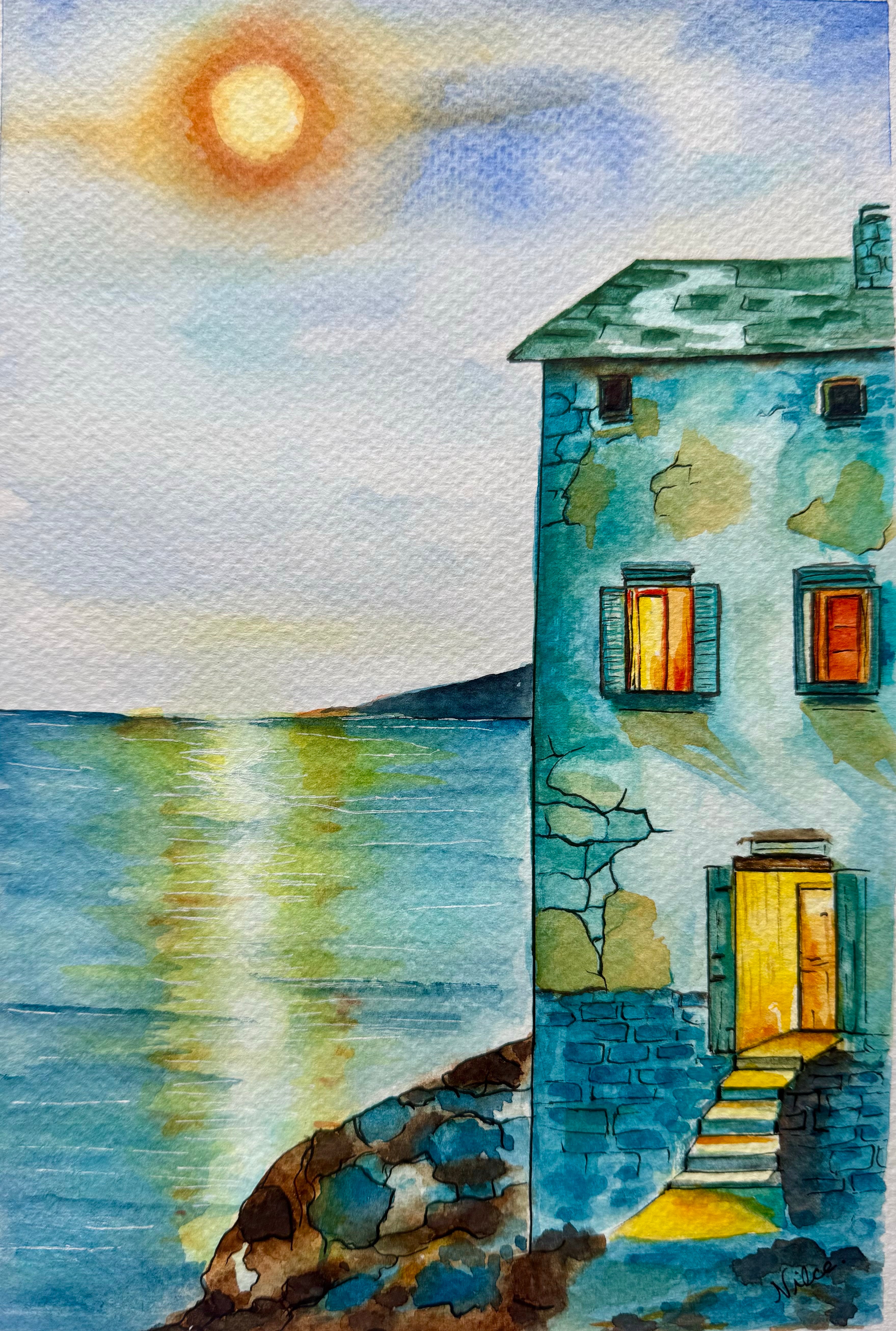 Casa na praia - Pintura Original em Aquarela sobre papel de algodão, 21x30cm, sem moldura