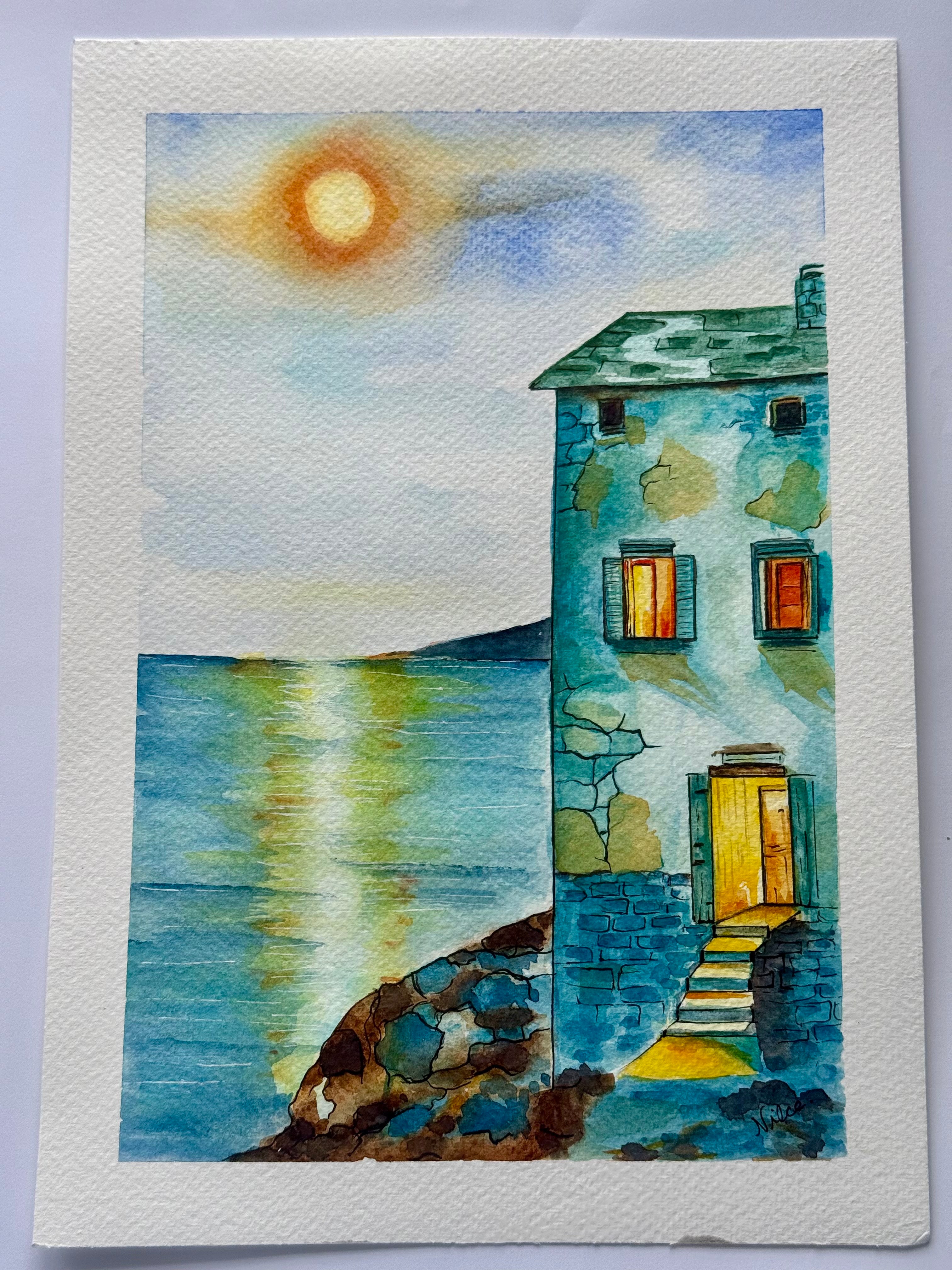 Casa na praia - Pintura Original em Aquarela sobre papel de algodão, 21x30cm, sem moldura