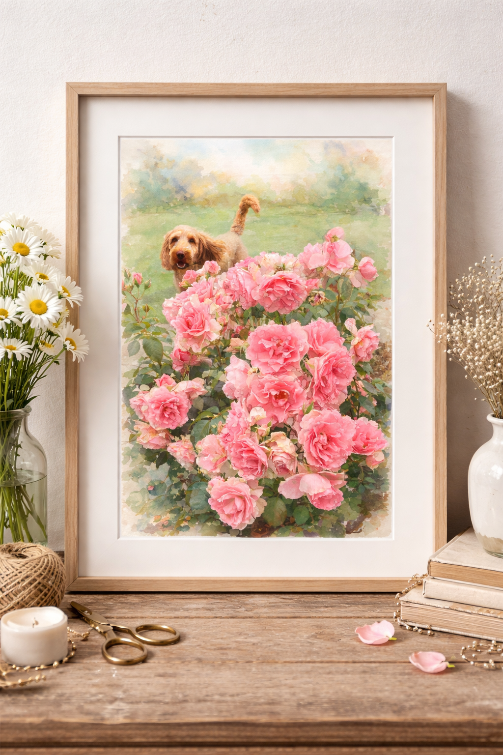 Quadro Cãozinho no Jardim de Rosas - Print de foto em papel fotográfico 30x42cm, sem moldura