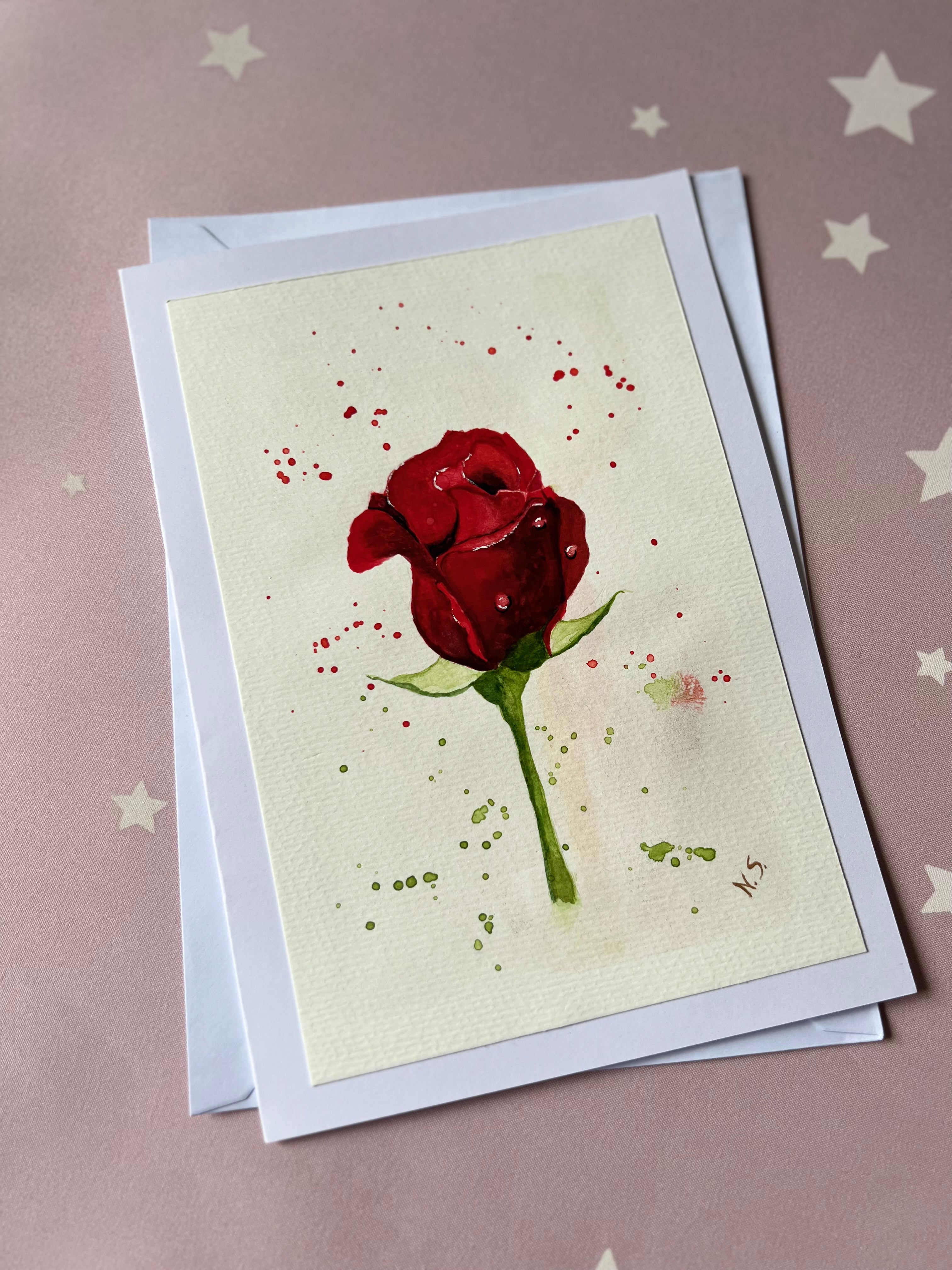 Cartão Especial de Felicitação - 15x21cm - em Aquarela Loose Original, pintado à mão, com envelope, rosas