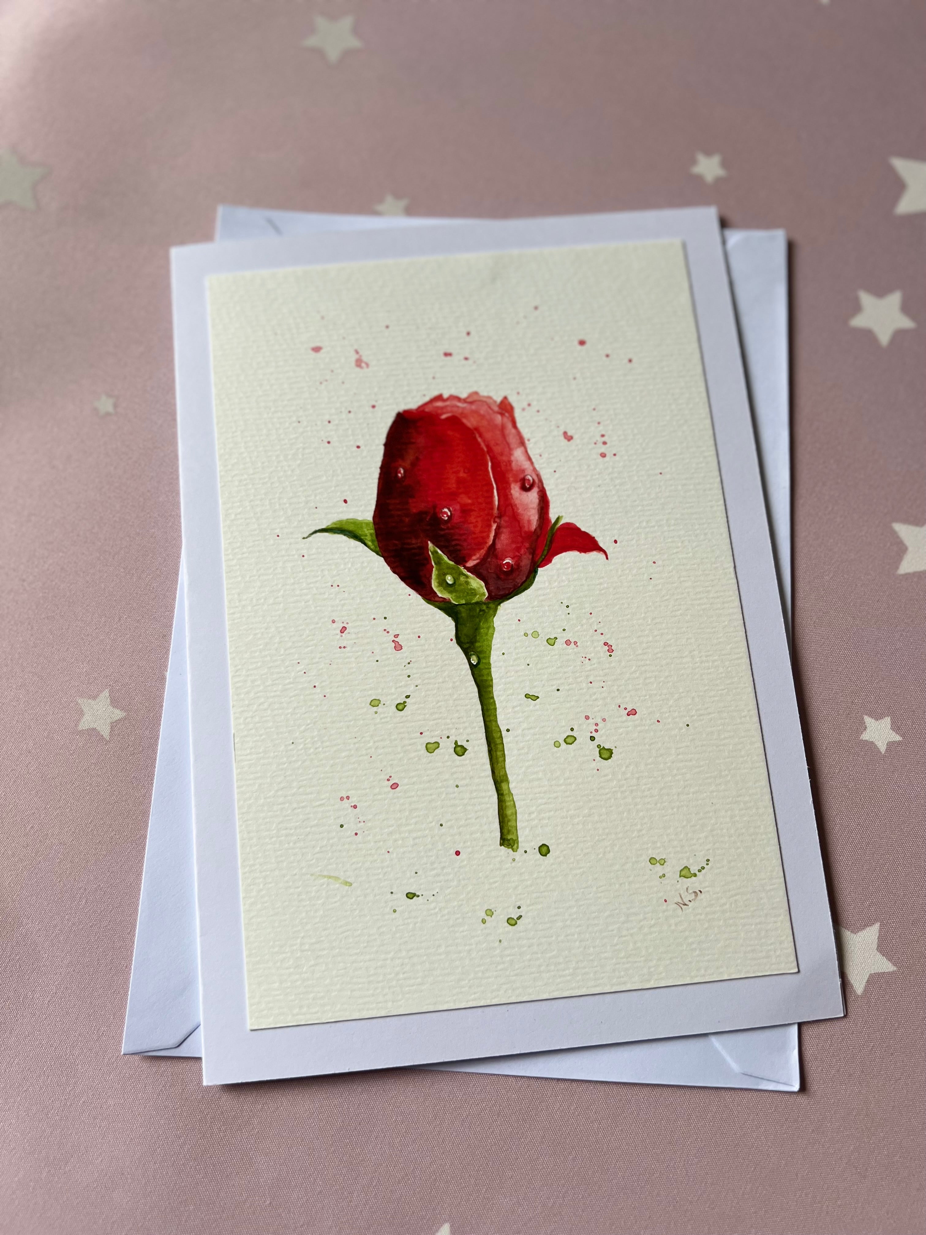 Cartão Especial de Felicitação - 15x21cm - em Aquarela Loose Original, pintado à mão, com envelope, rosas