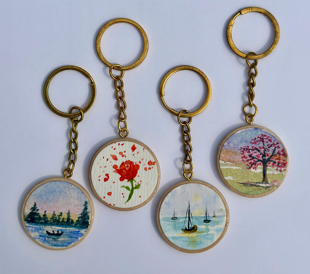 Chaveiro de Madeira com Mini Pintura em Aquarela Original kit com 2