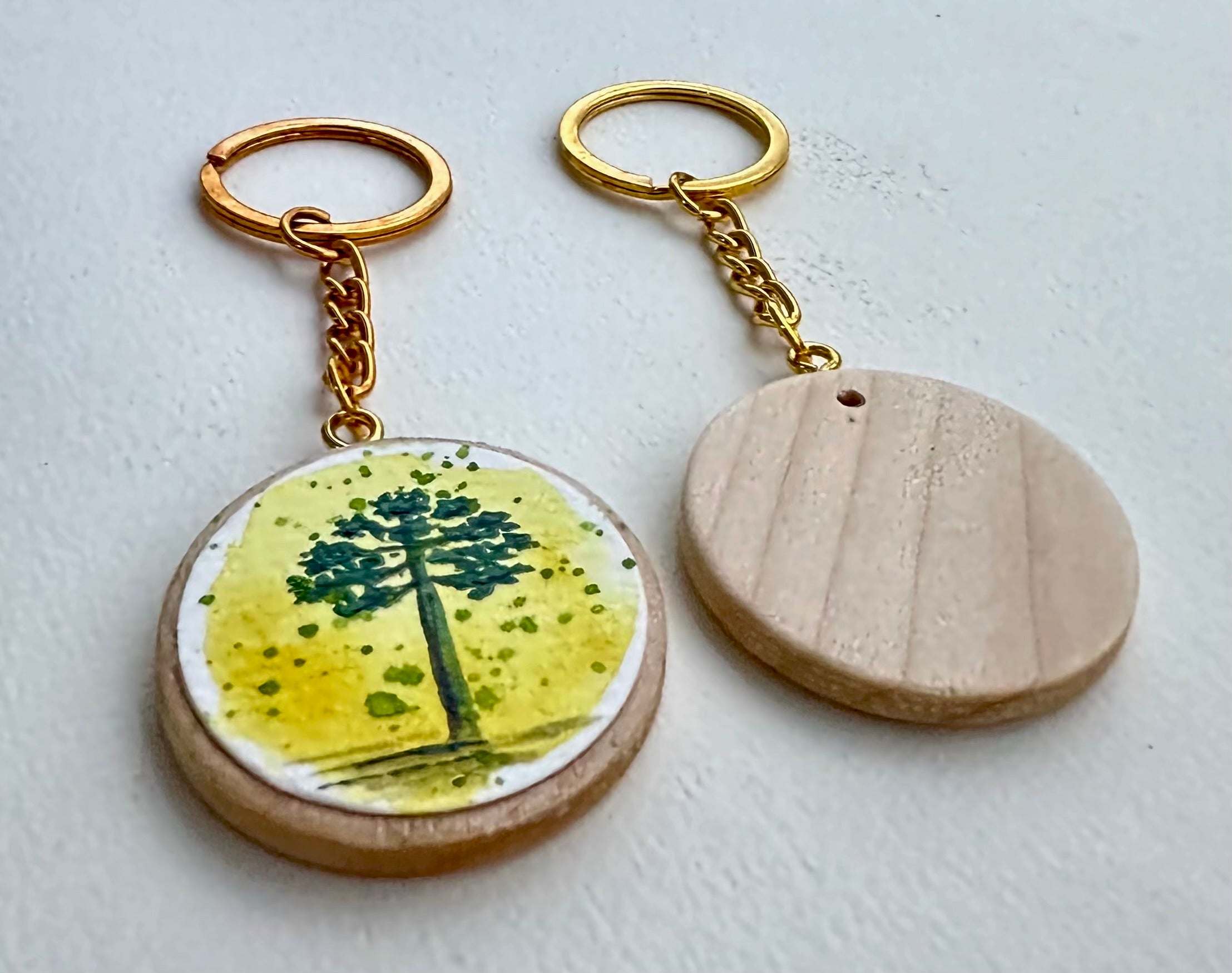 Chaveiro de Madeira com Mini Pintura em Aquarela Original kit com 2