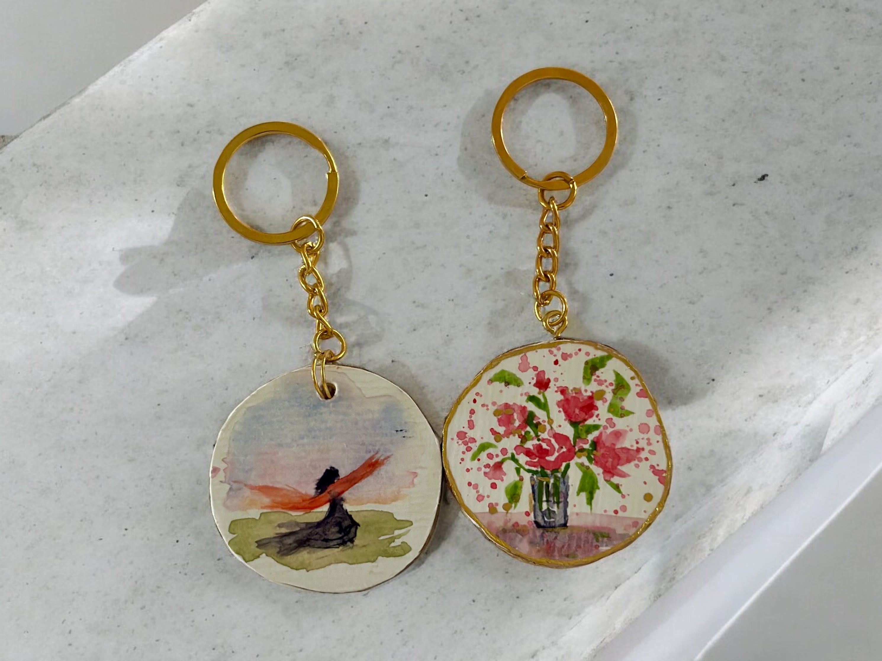 Chaveiro de Madeira com Mini Pintura em Aquarela Original kit com 2