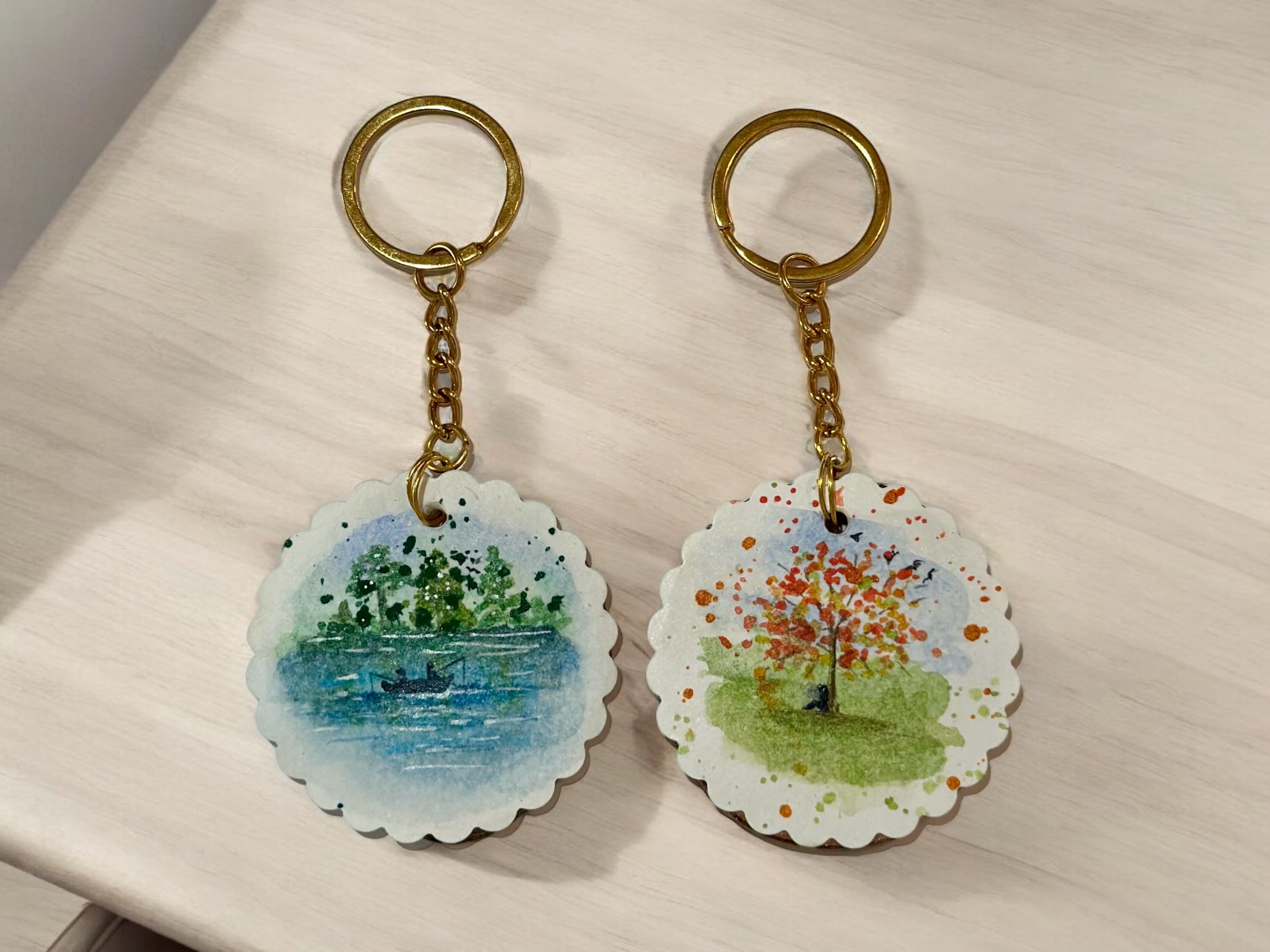 Chaveiro de Madeira com Mini Pintura em Aquarela Original kit com 2