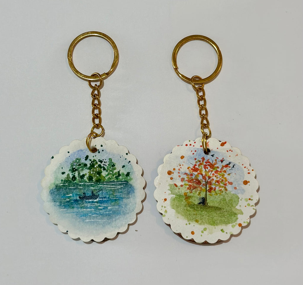 Chaveiro de Madeira com Mini Pintura em Aquarela Original kit com 2