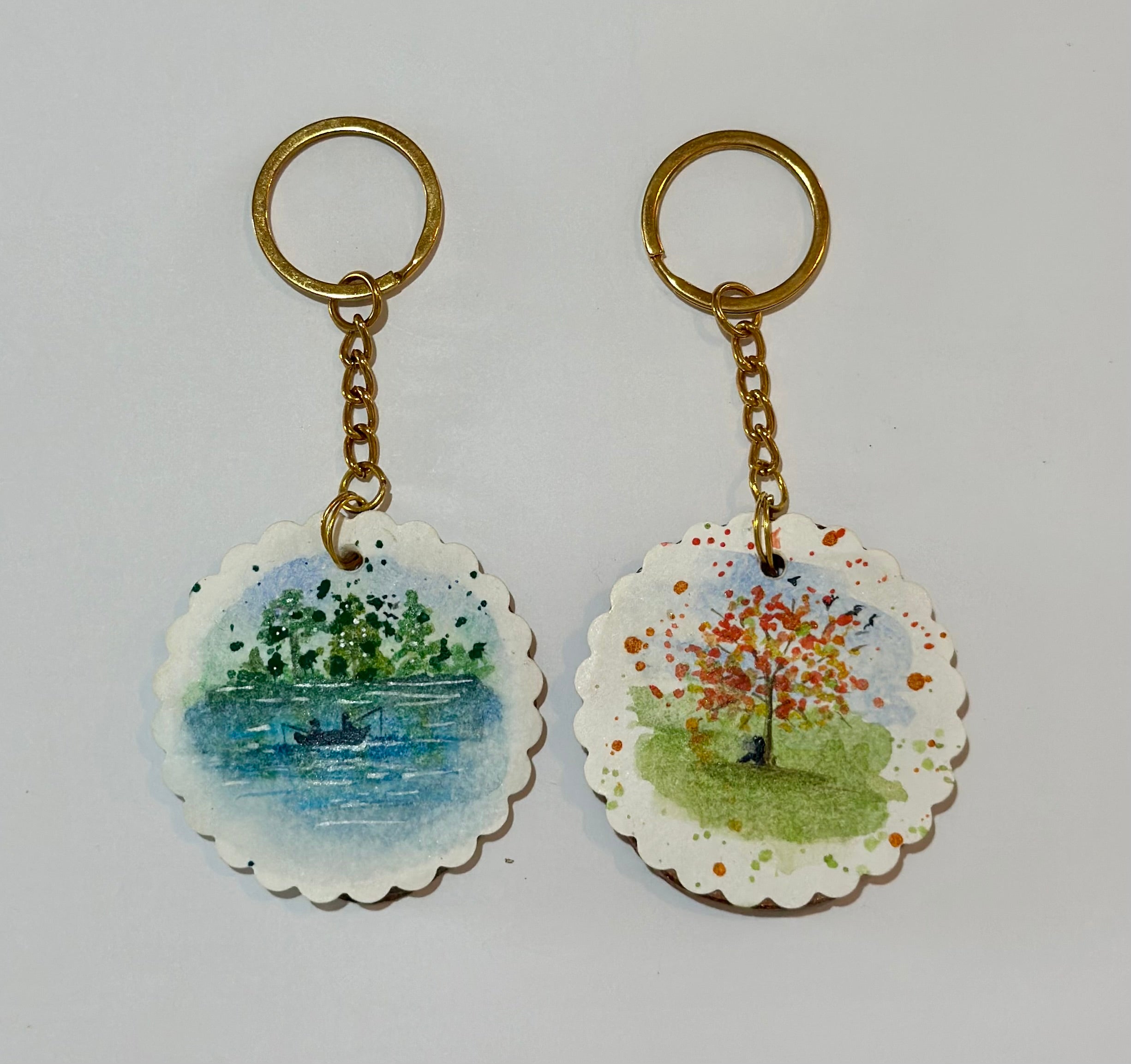 Chaveiro de Madeira com Mini Pintura em Aquarela Original kit com 2
