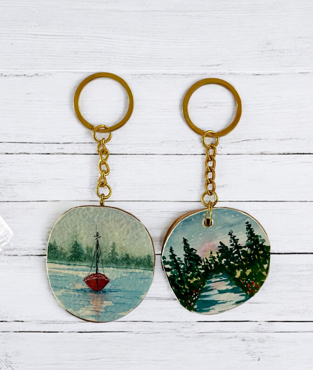 Chaveiro de Madeira com Mini Pintura em Aquarela Original kit com 2