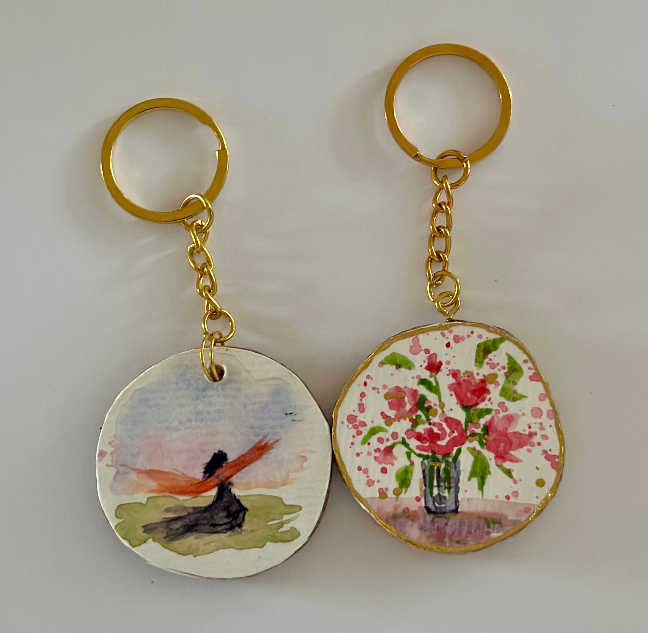 Chaveiro de Madeira com Mini Pintura em Aquarela Original kit com 2