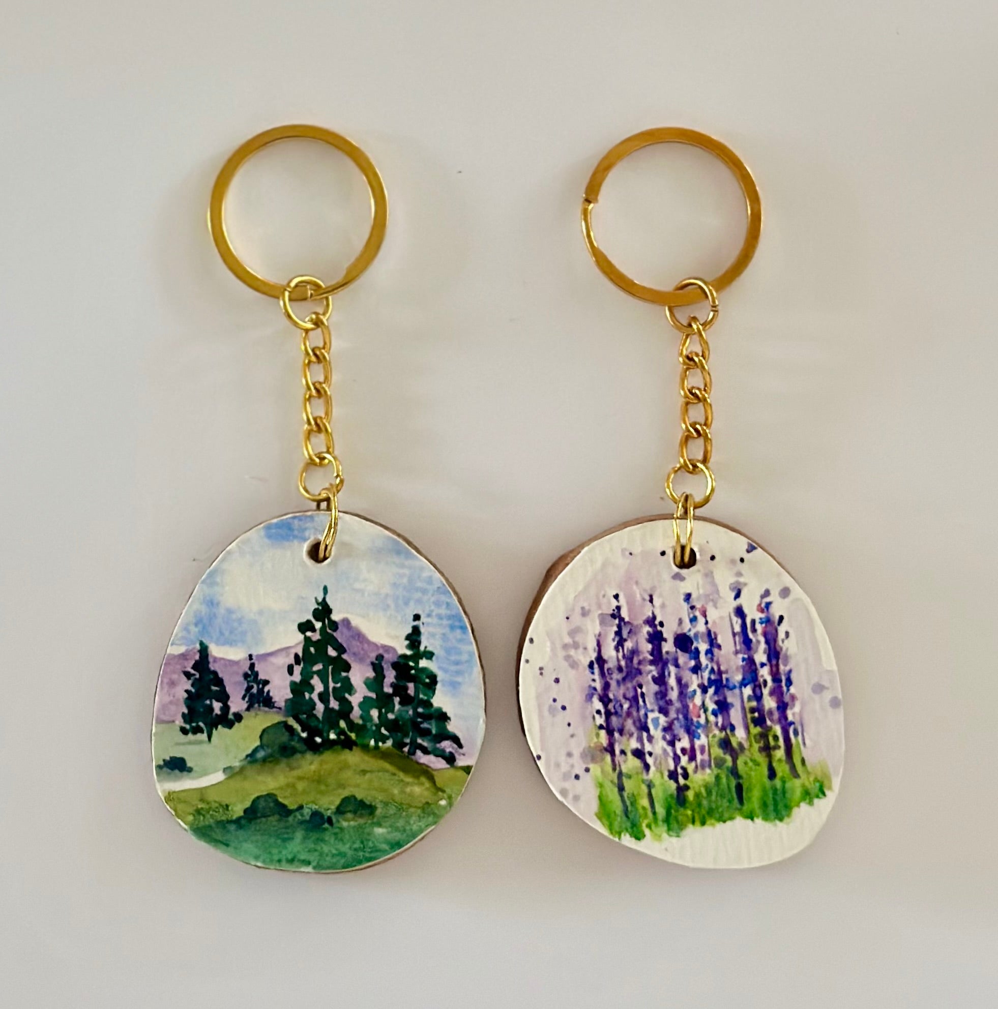 Chaveiro de Madeira com Mini Pintura em Aquarela Original kit com 2