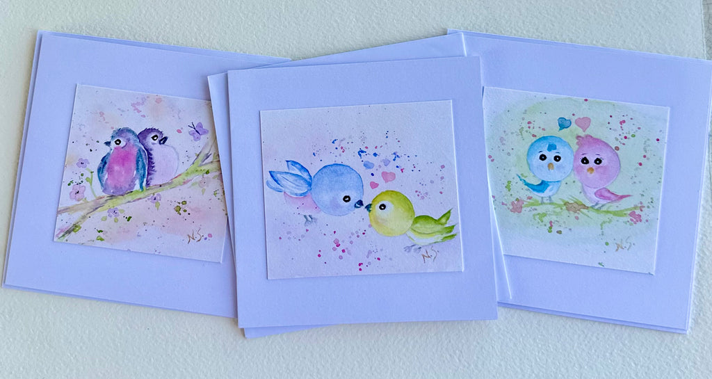 Cartão Dia dos Namorados Pintura original em aquarela Passarinhos Apaixonados