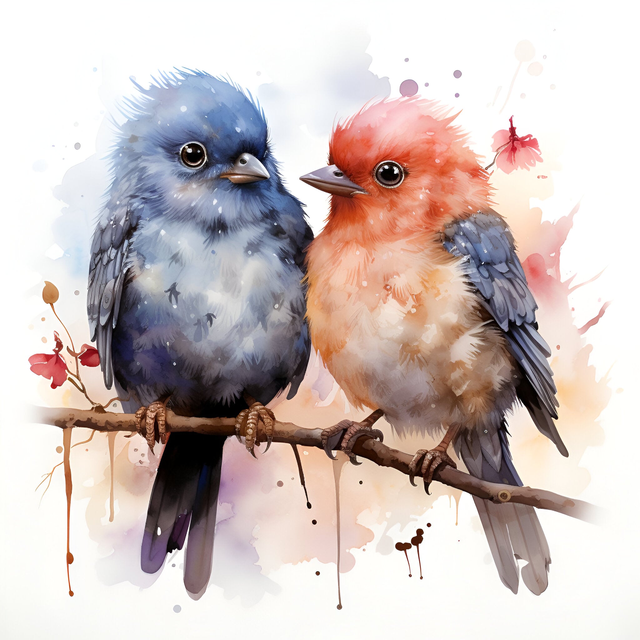 Print Casal de Pássaros - Aquarela impressa em papel fotográfico, 20x20cm, sem moldura