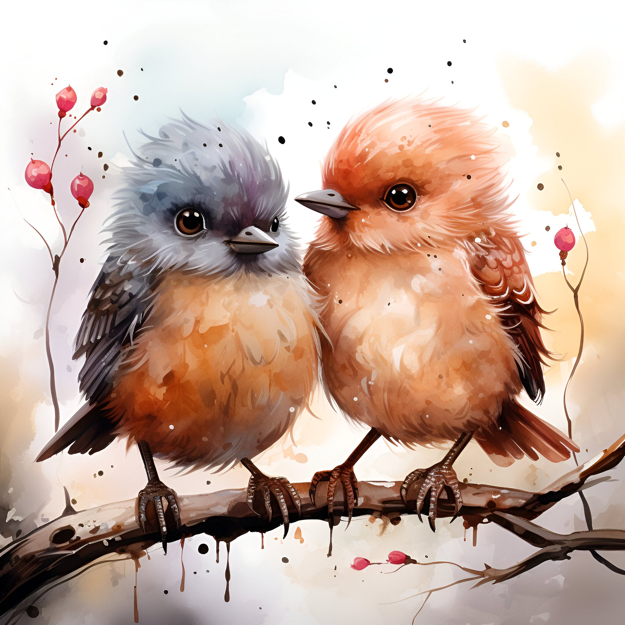 Print Casal de Pássaros - Aquarela impressa em papel fotográfico, 20x20cm, sem moldura