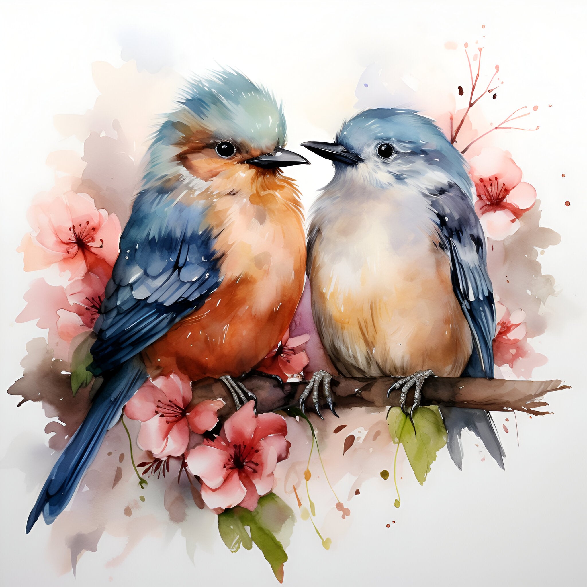 Print Casal de Pássaros - Aquarela impressa em papel fotográfico, 20x20cm, sem moldura