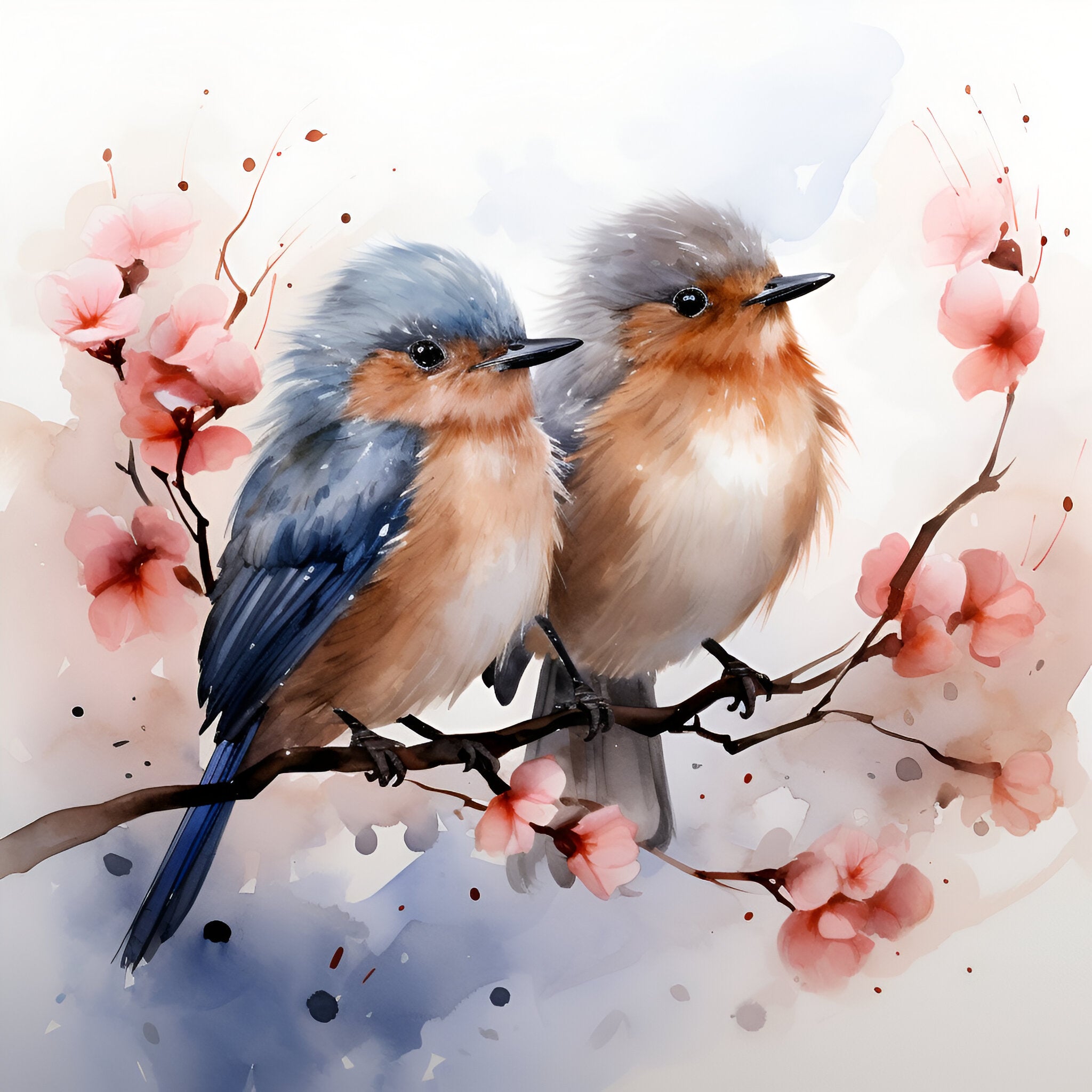 Print Casal de Pássaros - Aquarela impressa em papel fotográfico, 20x20cm, sem moldura