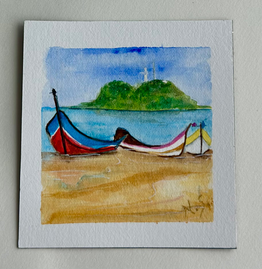 Mini Pintura Aquarela Original em Imã de Geladeira, 9x9cm kit com 4