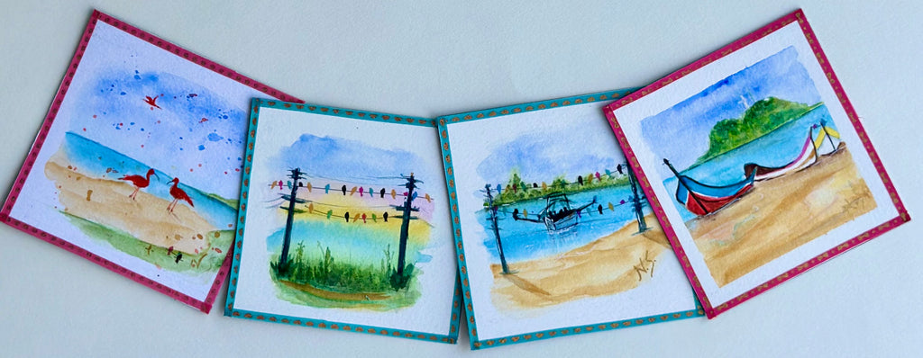 Mini Pintura Aquarela Original em Imã de Geladeira, 9x9cm kit com 4
