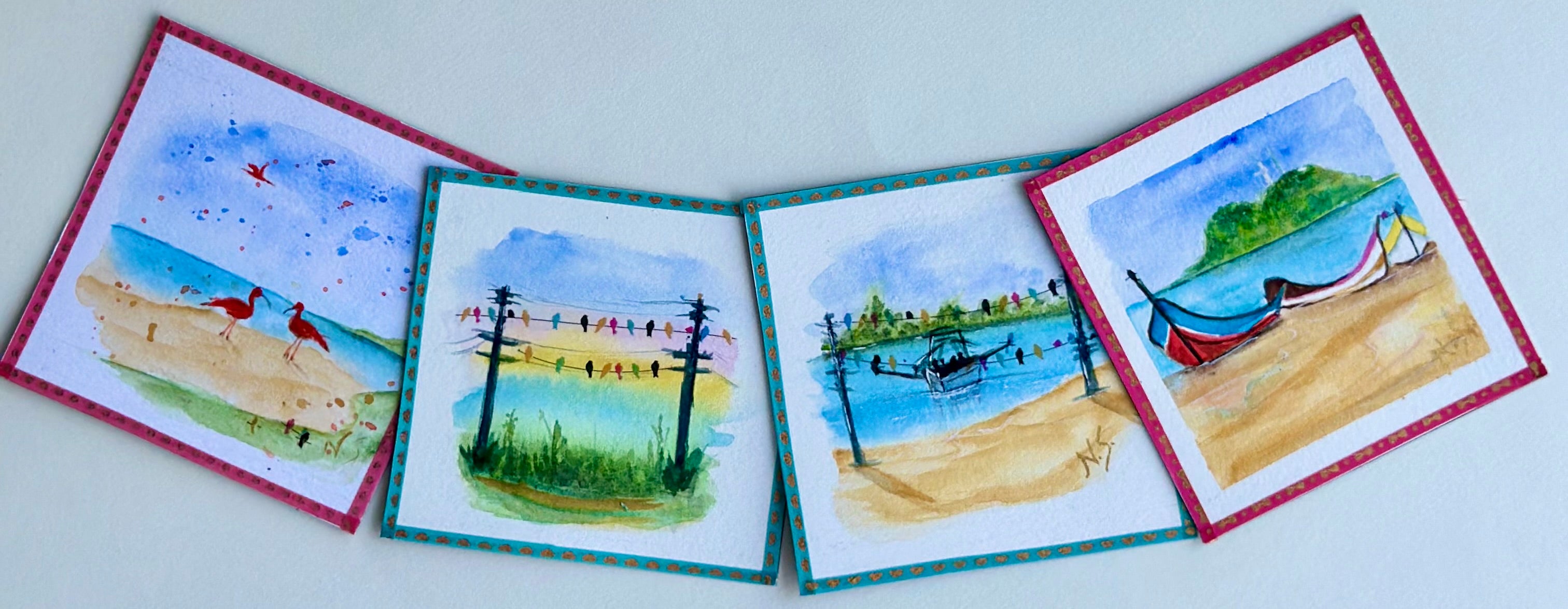 Mini Pintura Aquarela Original em Imã de Geladeira, 9x9cm kit com 4