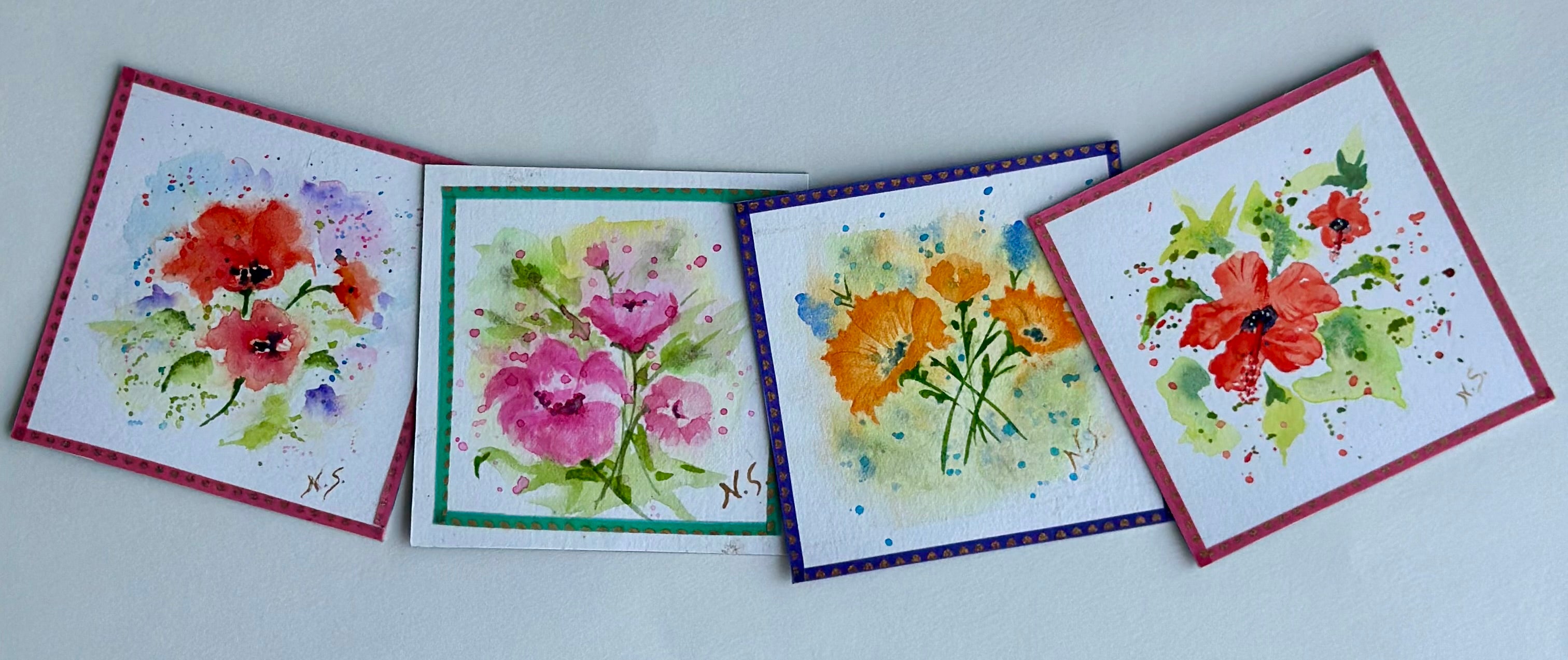 Mini Pintura Aquarela Original em Imã de Geladeira, 9x9cm kit com 4