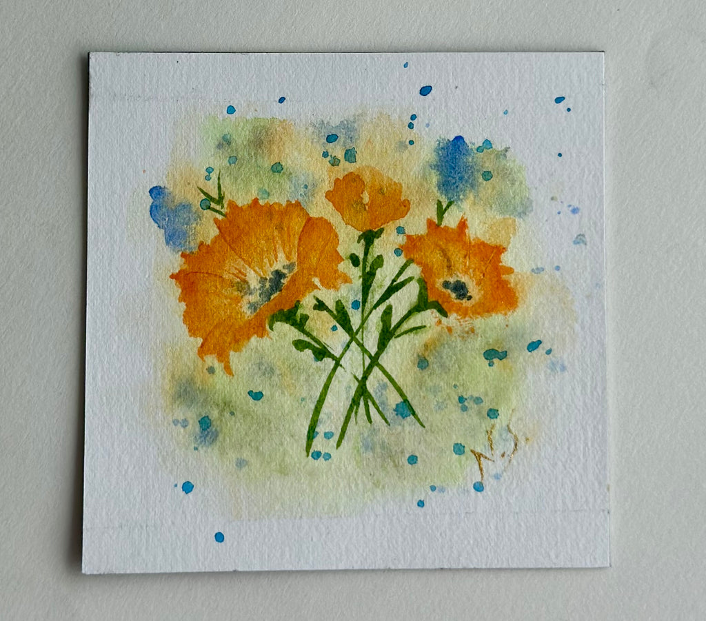Mini Pintura Aquarela Original em Imã de Geladeira, 9x9cm kit com 4