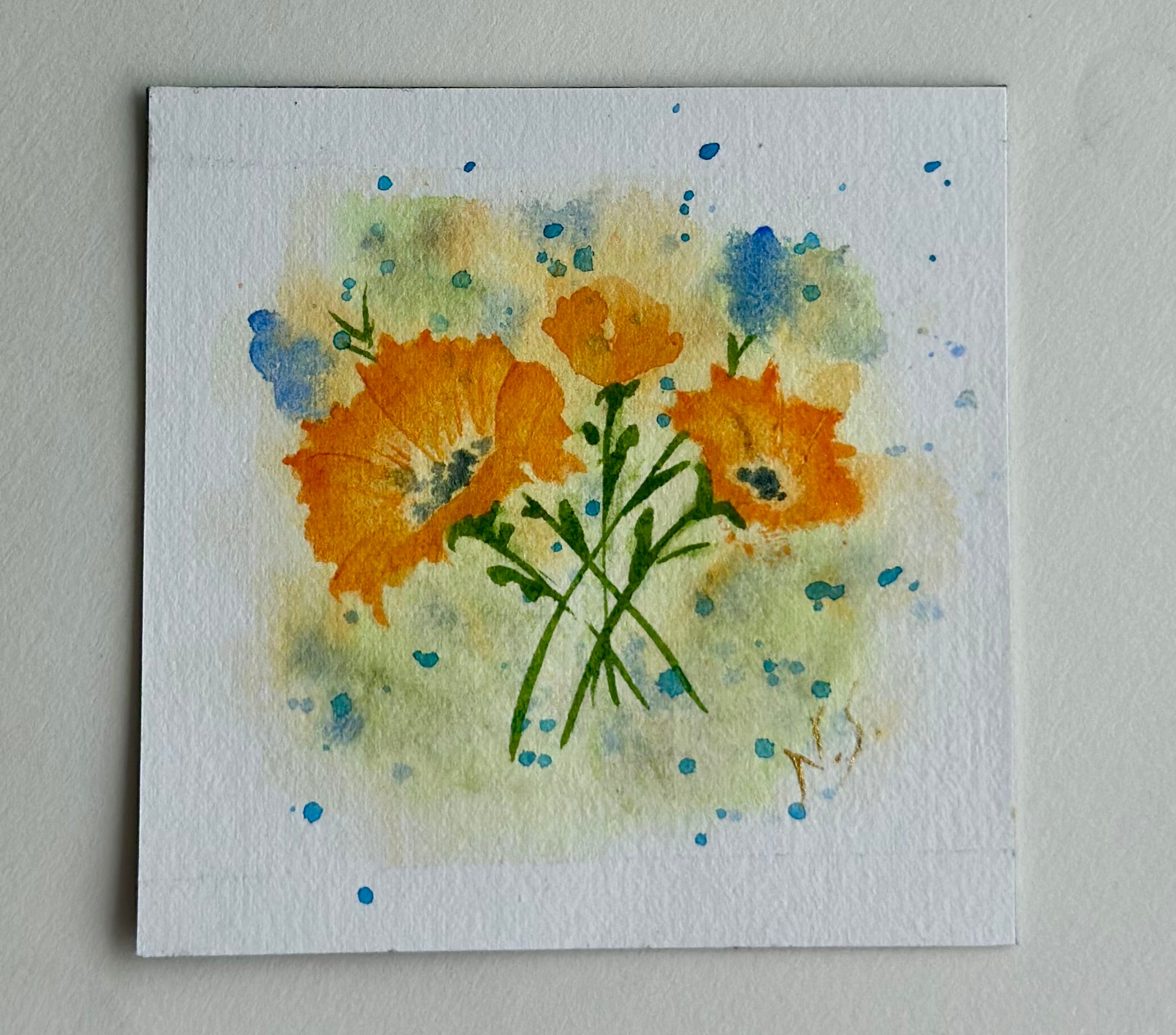 Mini Pintura Aquarela Original em Imã de Geladeira, 9x9cm kit com 4